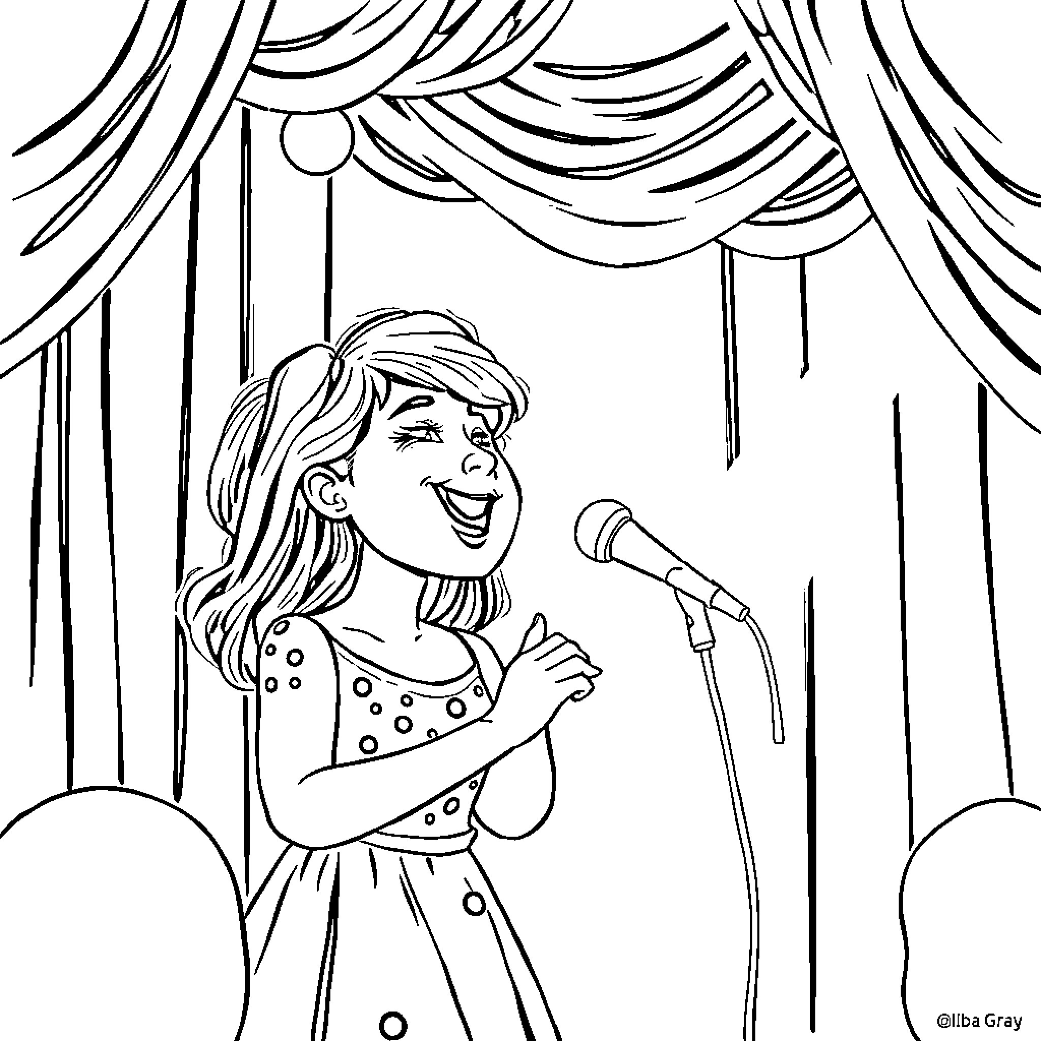 Alba Gray performing on stage with microphone Coloring Page (free black-and-white line drawing printable PDF for all, from beginners to advanced learners, including children, teens, adults, and seniors)