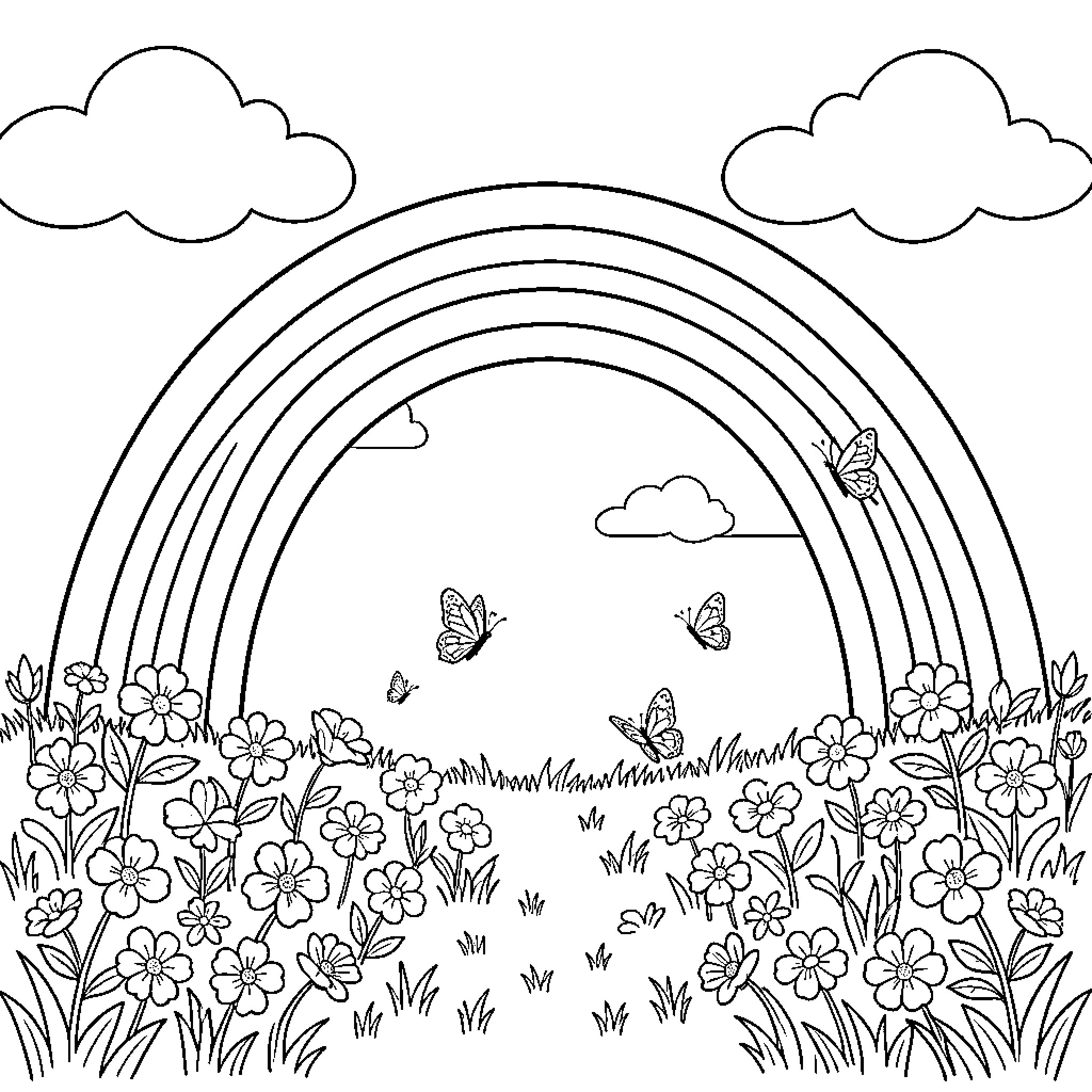 Rainbow arching over a field of flowers and butterflies Coloring Page (free black-and-white line drawing printable PDF for all, from beginners to advanced learners, including children, teens, adults, and seniors)