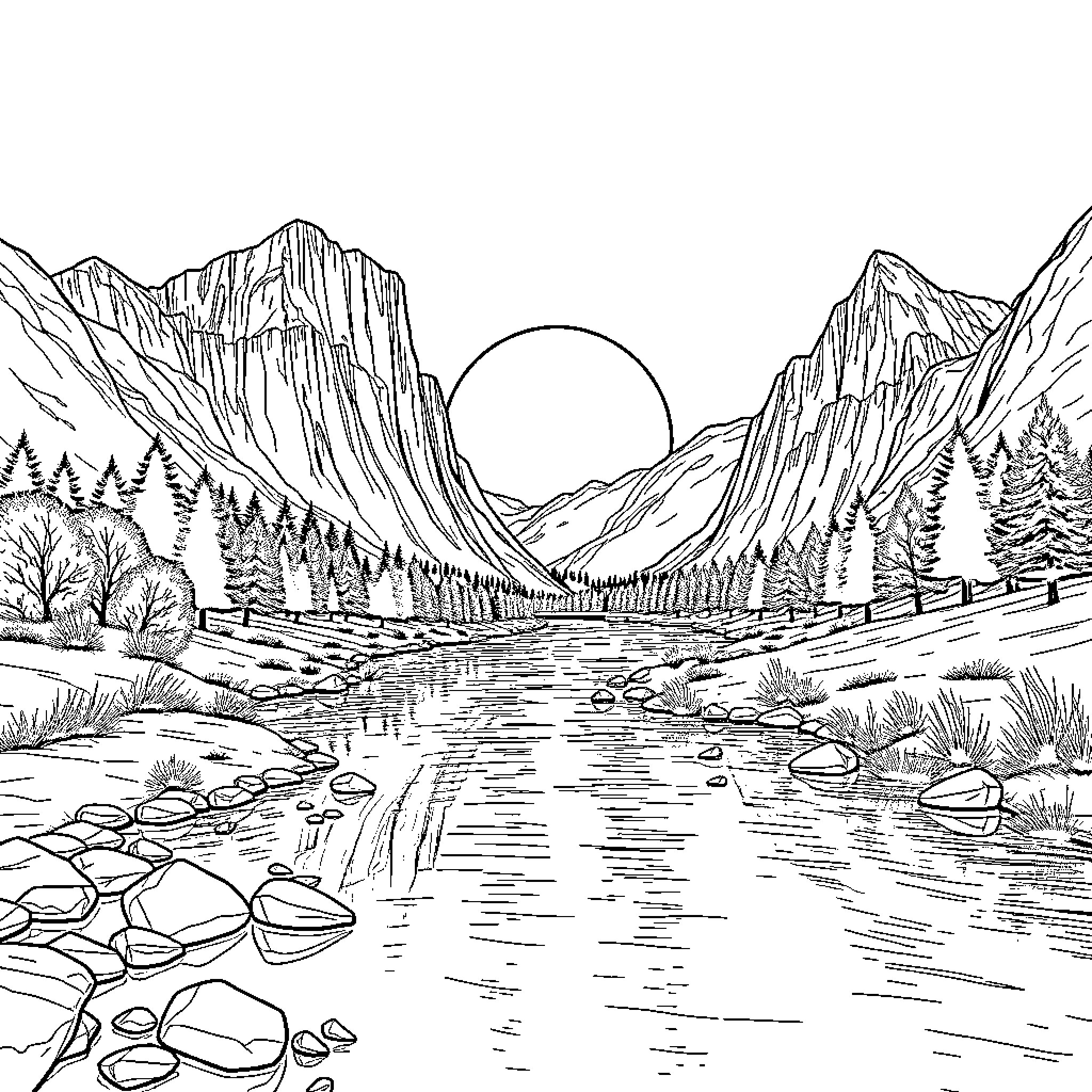 River flowing through majestic mountain landscape Coloring Page (free black-and-white line drawing printable PDF for all, from beginners to advanced learners, including children, teens, adults, and seniors)