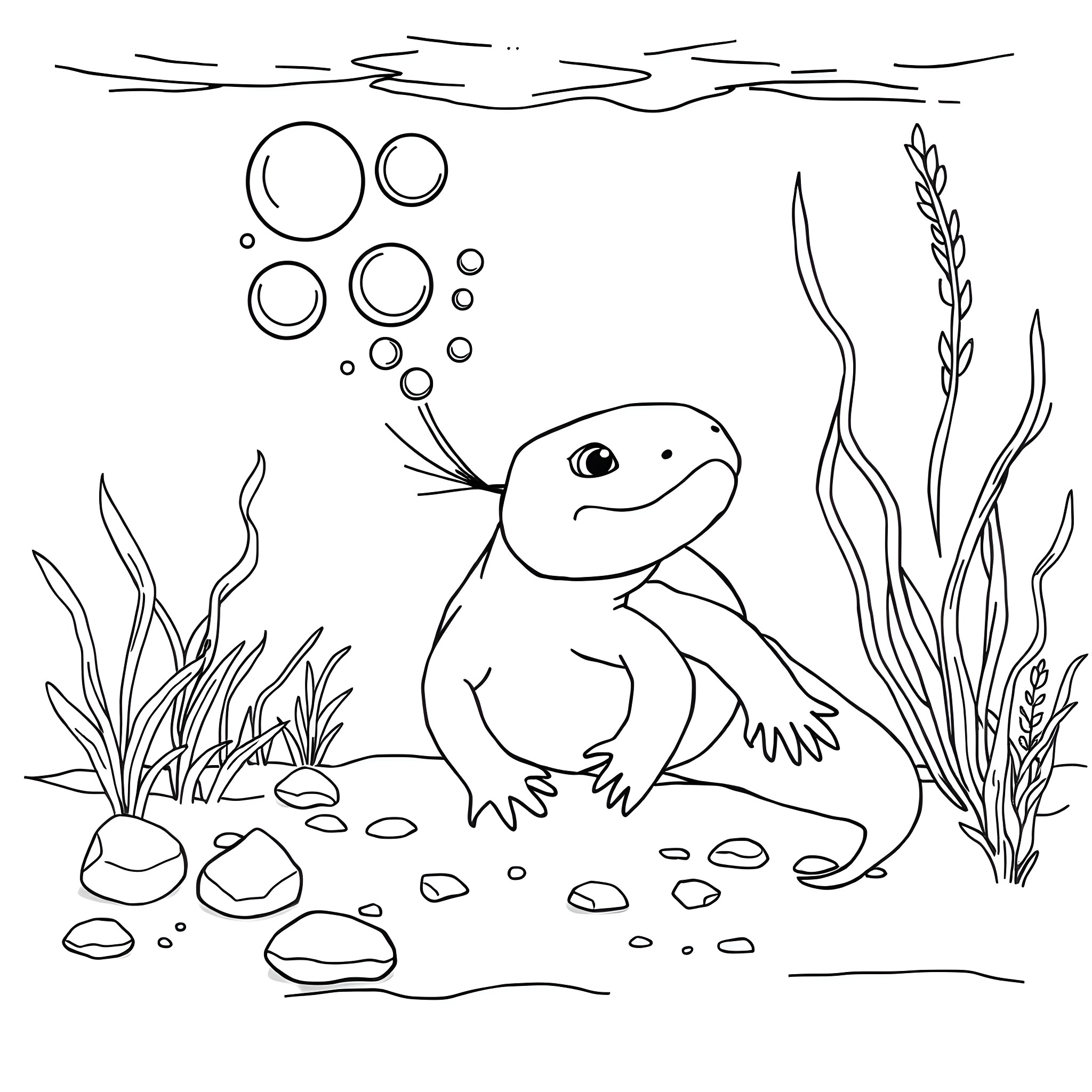 Axolotl exploring the underwater world Coloring Page (free black-and-white line drawing printable PDF for all, from beginners to advanced learners, including children, teens, adults, and seniors)