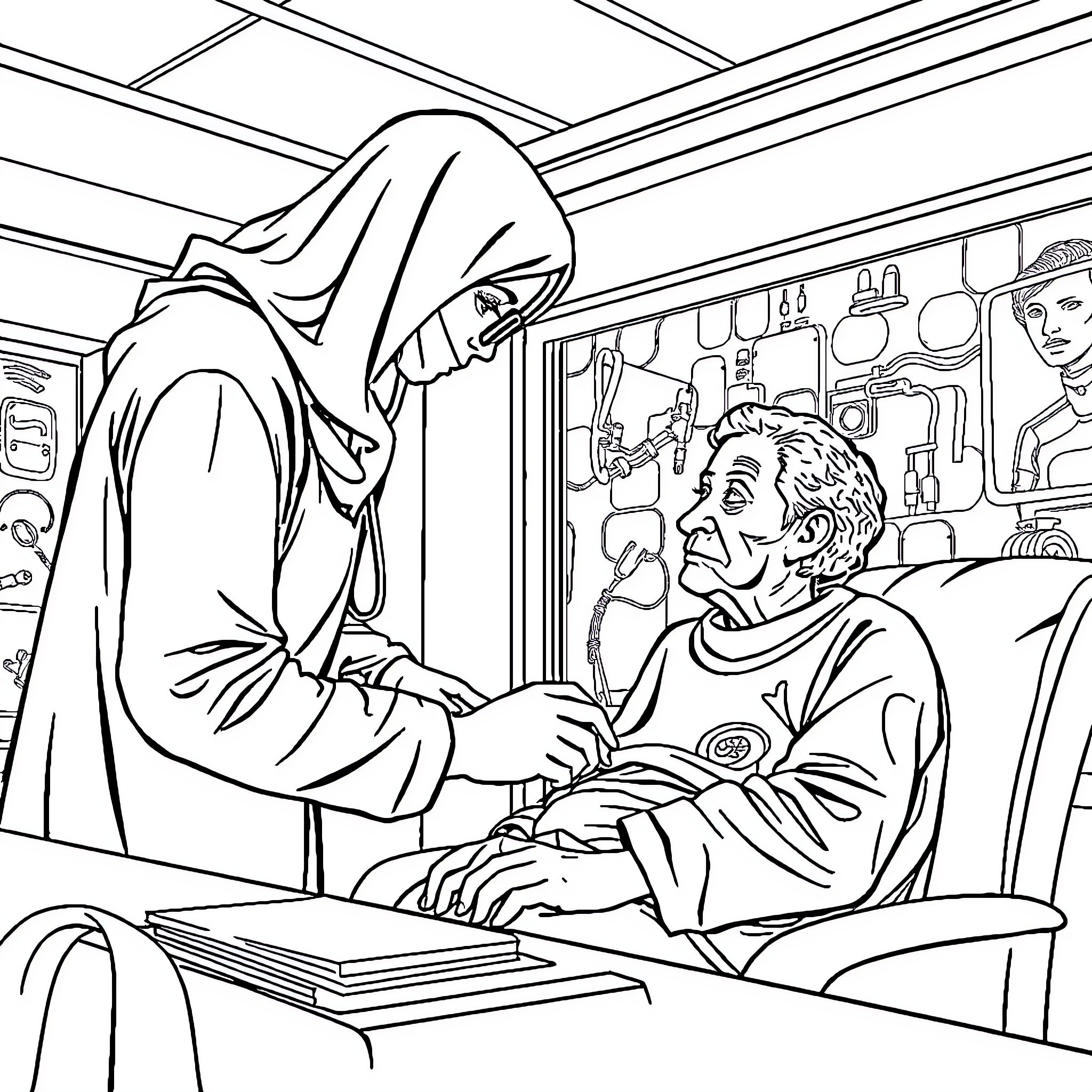 Ergothérapeute providing care and assistance to patient in medical setting Coloring Page (free black-and-white line drawing printable PDF for all, from beginners to advanced learners, including children, teens, adults, and seniors)