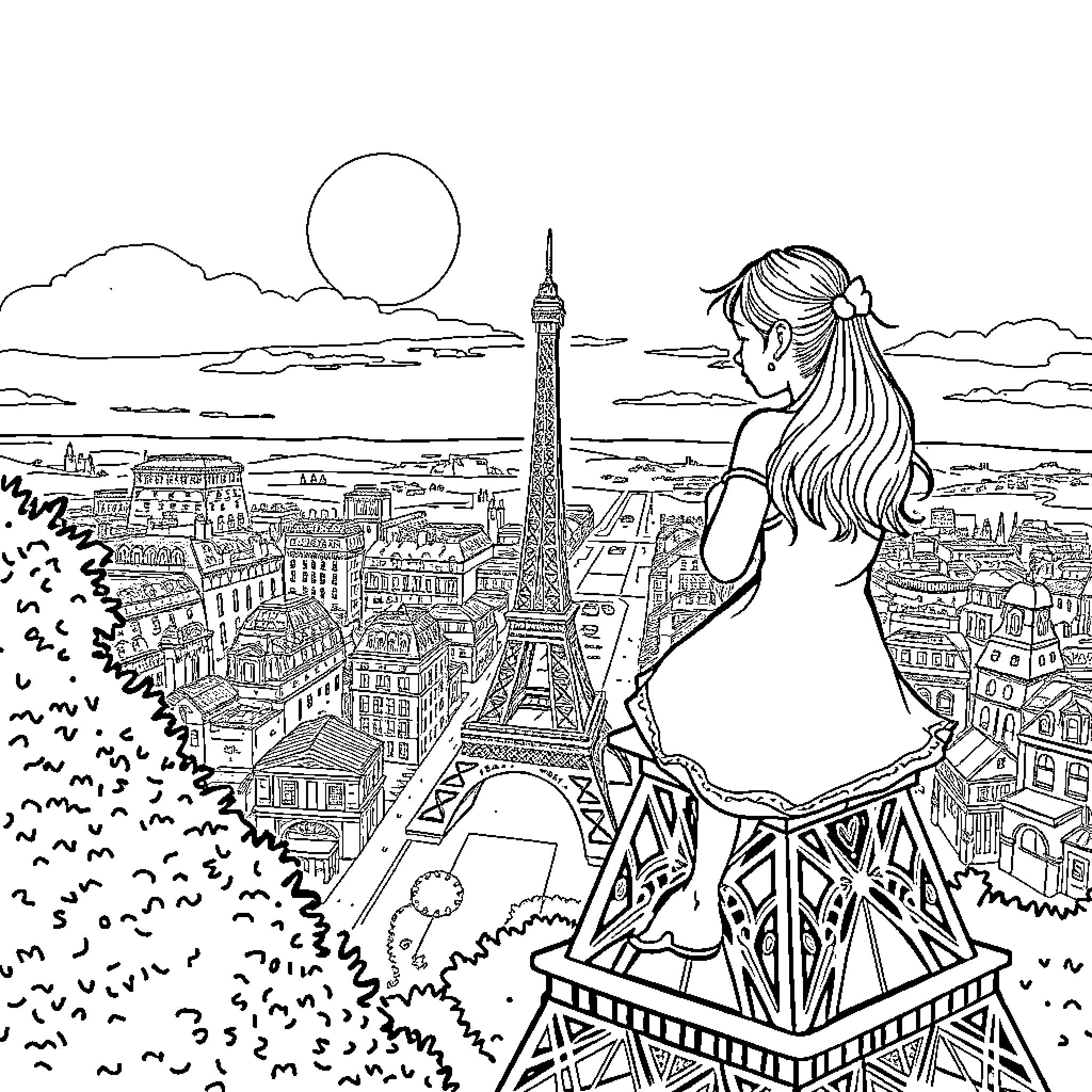Girl admiring the Eiffel Tower in Paris Coloring Page (free black-and-white line drawing printable PDF for all, from beginners to advanced learners, including children, teens, adults, and seniors)