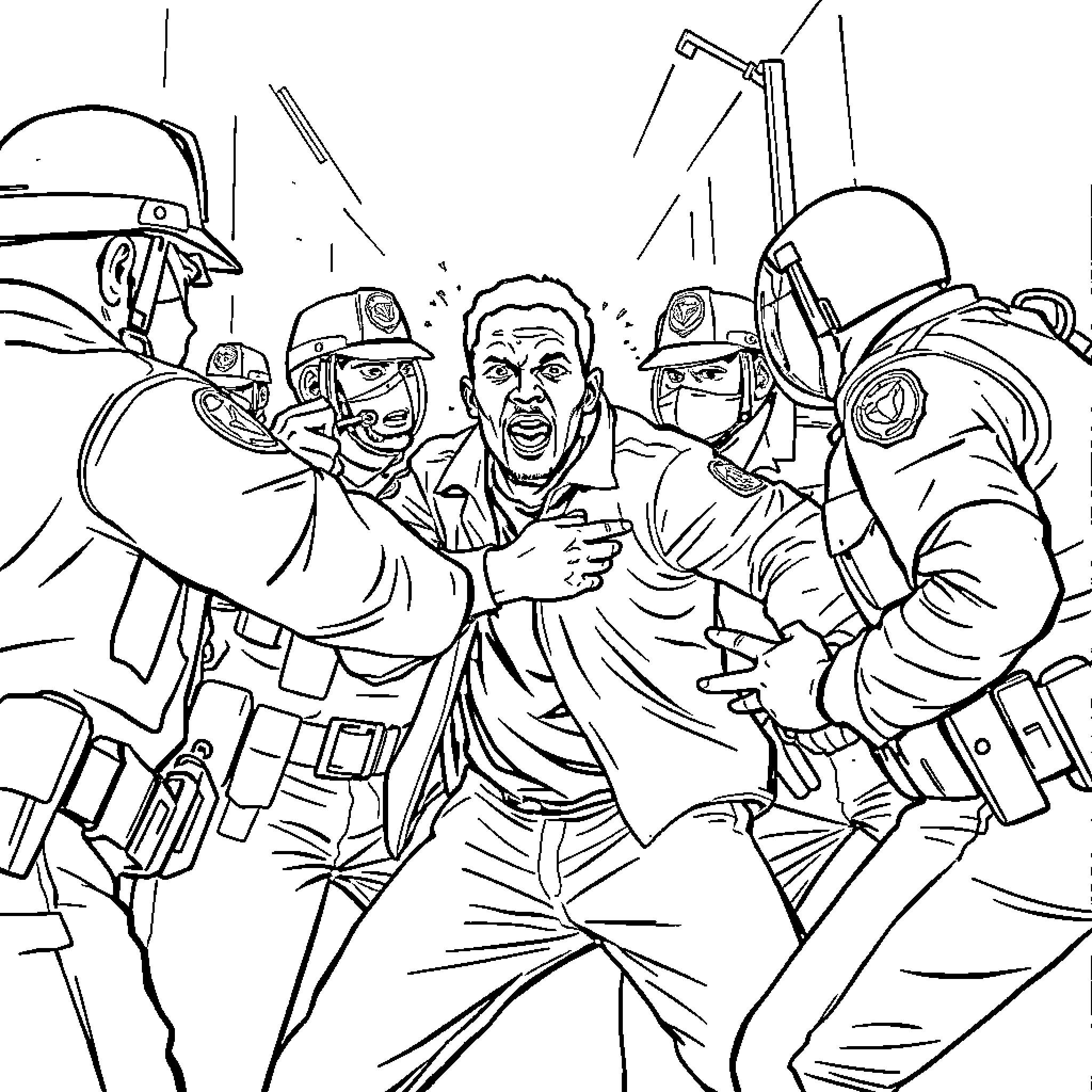 Person detained by military officers in intense confrontation Coloring Page (free black-and-white line drawing printable PDF for all, from beginners to advanced learners, including children, teens, adults, and seniors)