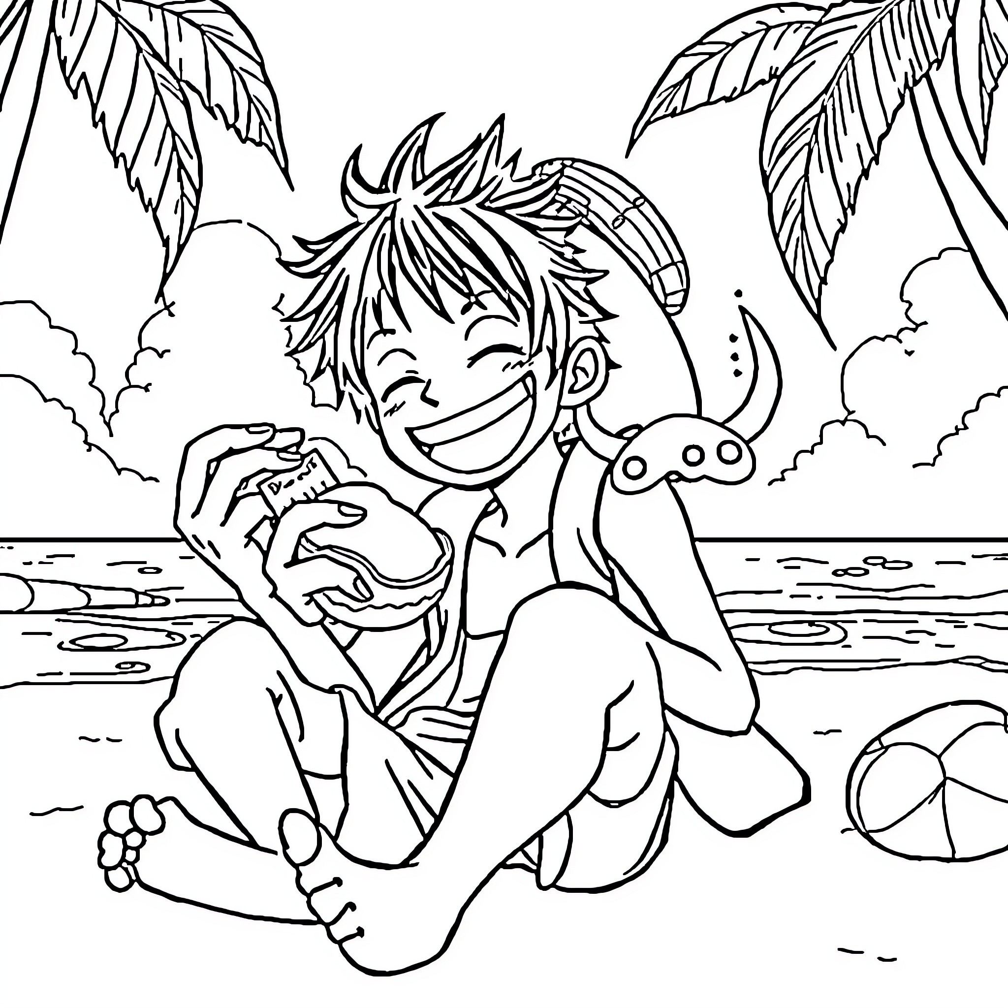 Luffy enjoying a carefree day at the beach Coloring Page (free black-and-white line drawing printable PDF for all, from beginners to advanced learners, including children, teens, adults, and seniors)