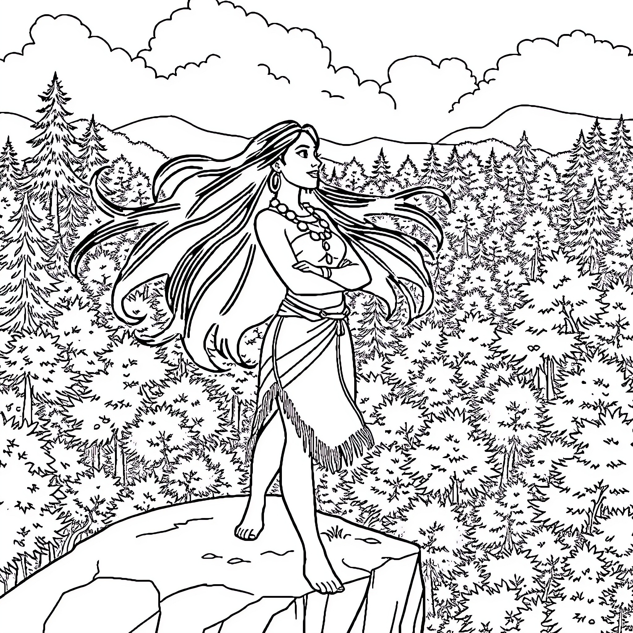 Pocahontas walking in the forest Coloring Page (free black-and-white line drawing printable PDF for all, from beginners to advanced learners, including children, teens, adults, and seniors)