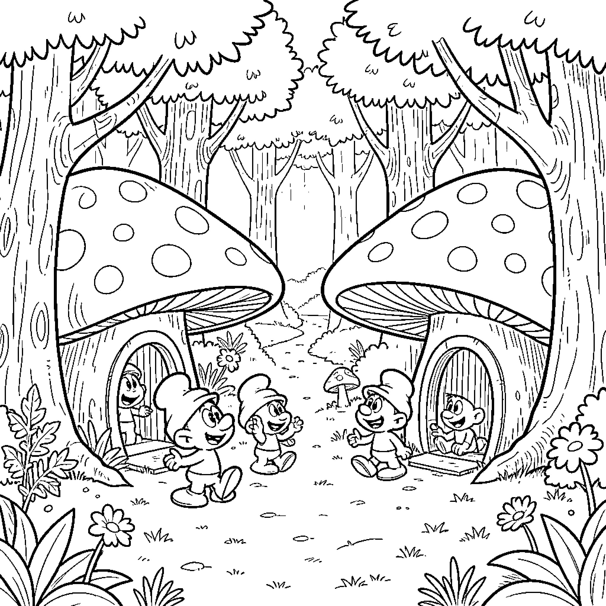 Smurfs playing happily outside their mushroom houses Coloring Page (free black-and-white line drawing printable PDF for all, from beginners to advanced learners, including children, teens, adults, and seniors)