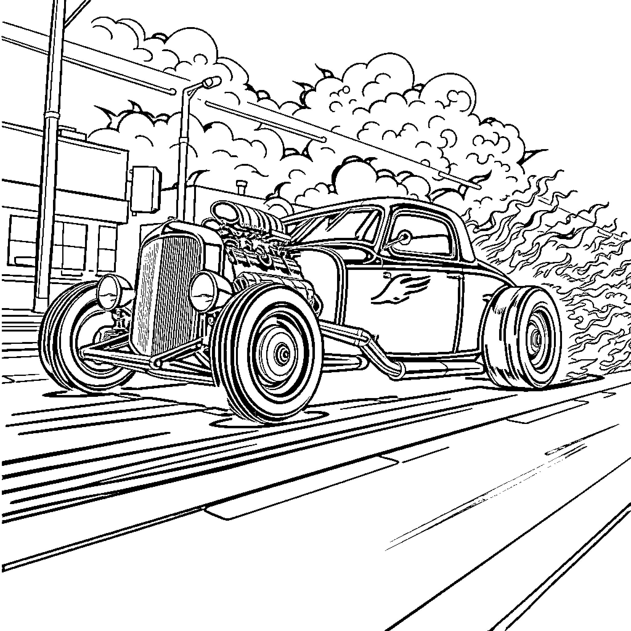 Hot Rod Racing Through the City Streets Coloring Page (free black-and-white line drawing printable PDF for all, from beginners to advanced learners, including children, teens, adults, and seniors)
