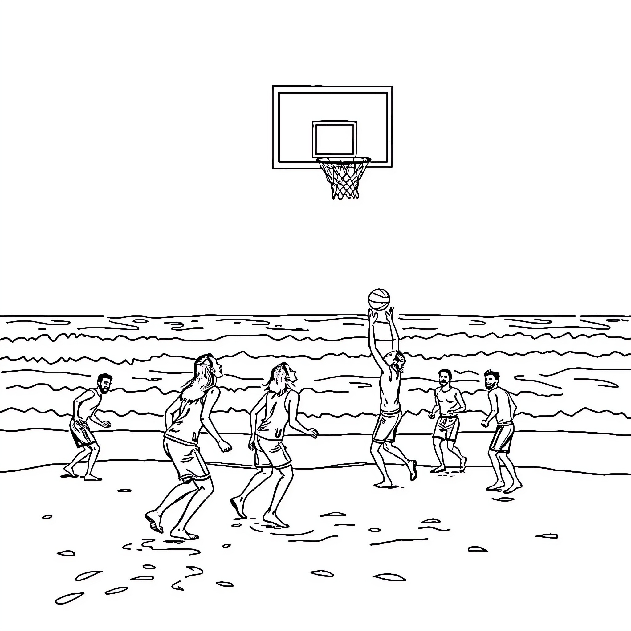 Basketball players enjoying the game on the beach Coloring Page (free black-and-white line drawing printable PDF for all, from beginners to advanced learners, including children, teens, adults, and seniors)