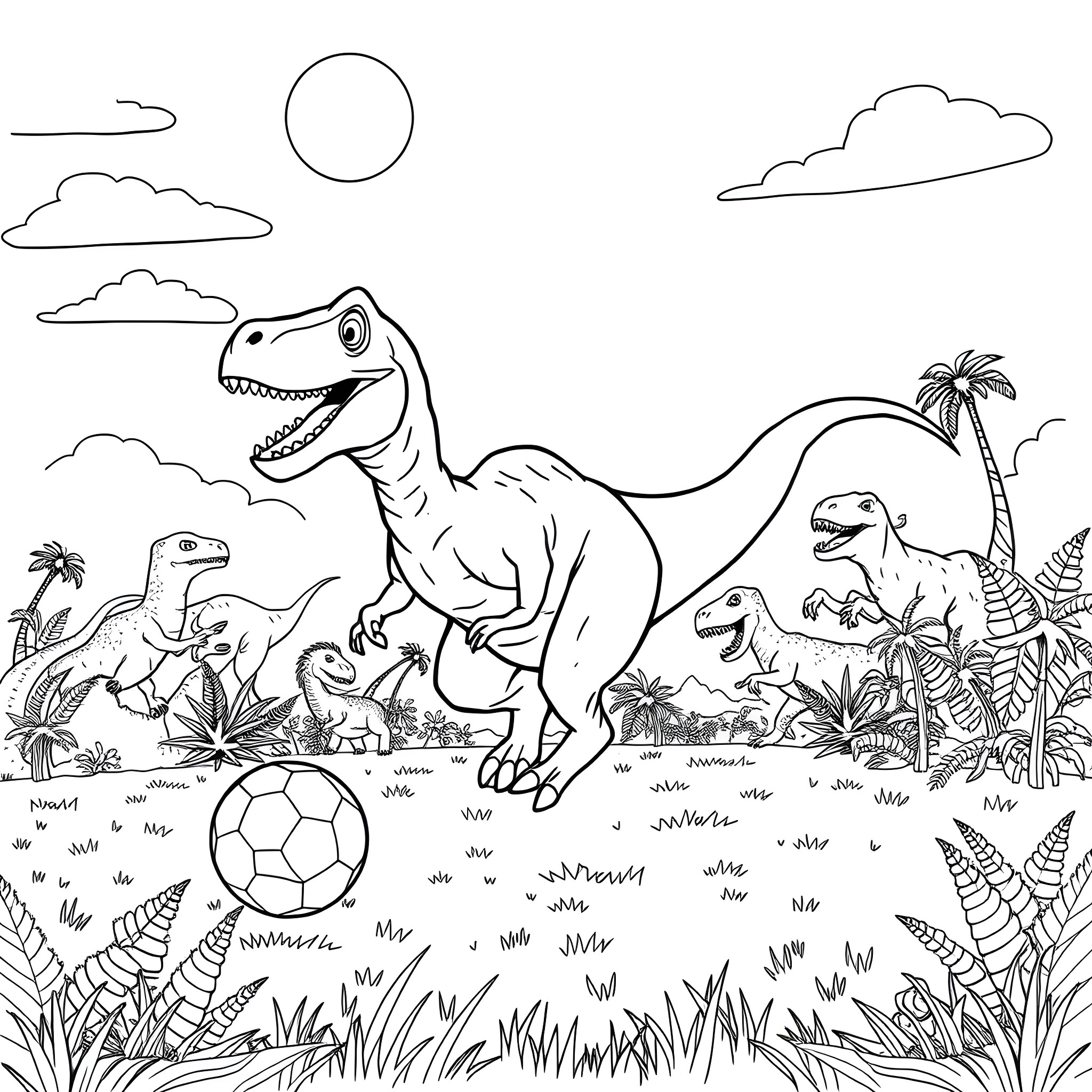 Dinosaurs playing and exploring in a lush, prehistoric landscape Coloring Page (free black-and-white line drawing printable PDF for all, from beginners to advanced learners, including children, teens, adults, and seniors)