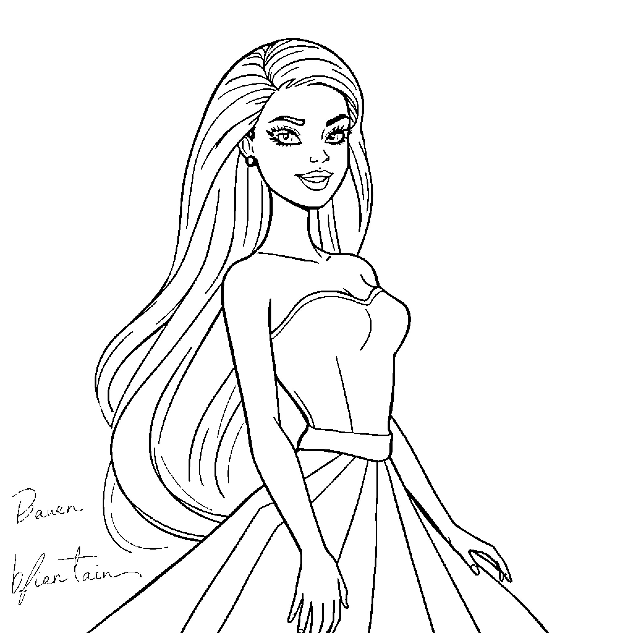 Barbie posing with elegant dress and long hair Coloring Page (free black-and-white line drawing printable PDF for all, from beginners to advanced learners, including children, teens, adults, and seniors)