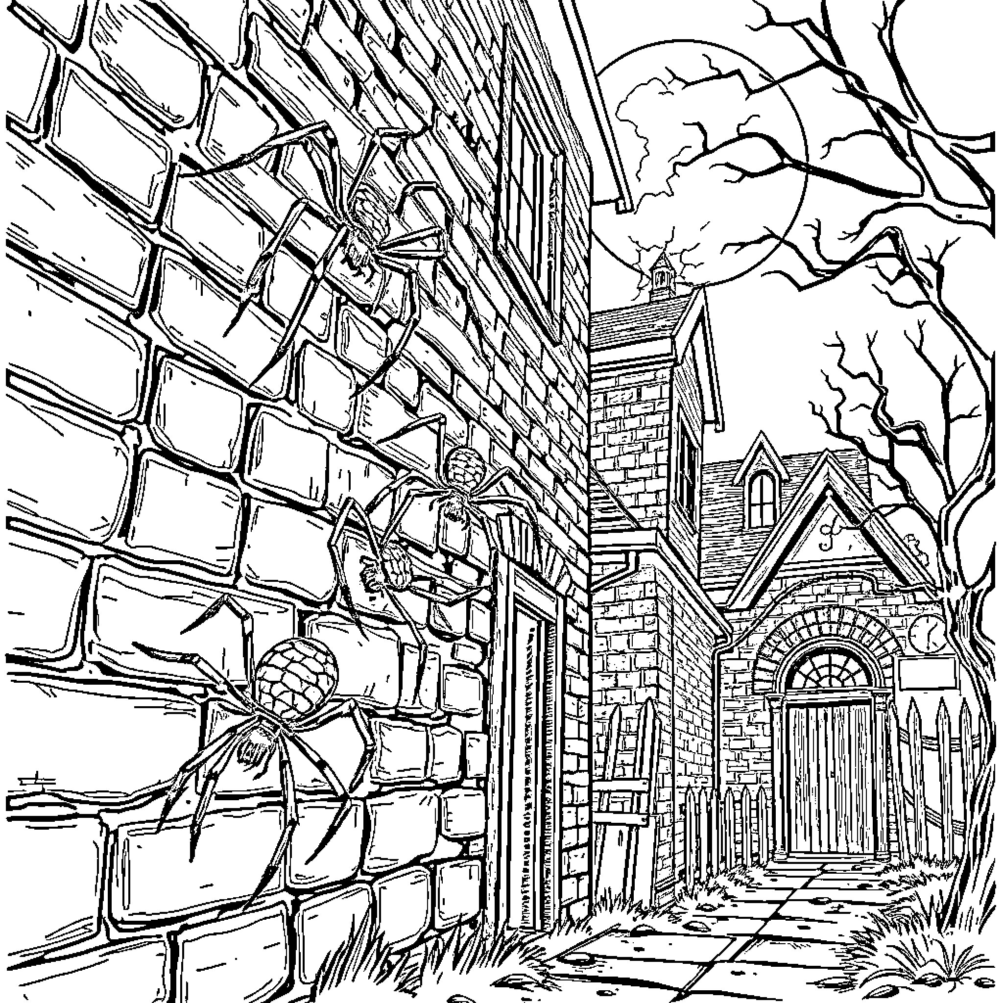 Spider-themed Halloween scene with haunted house Coloring Page (free black-and-white line drawing printable PDF for all, from beginners to advanced learners, including children, teens, adults, and seniors)