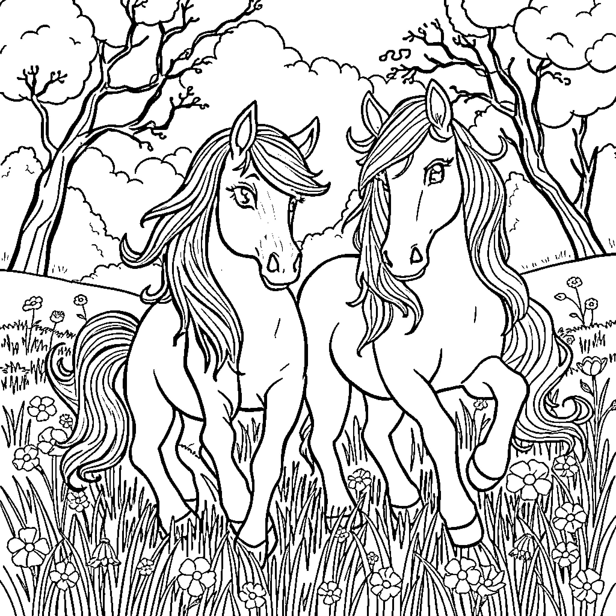 Ponies Frolicking in a Whimsical Forest Coloring Page (free black-and-white line drawing printable PDF for all, from beginners to advanced learners, including children, teens, adults, and seniors)
