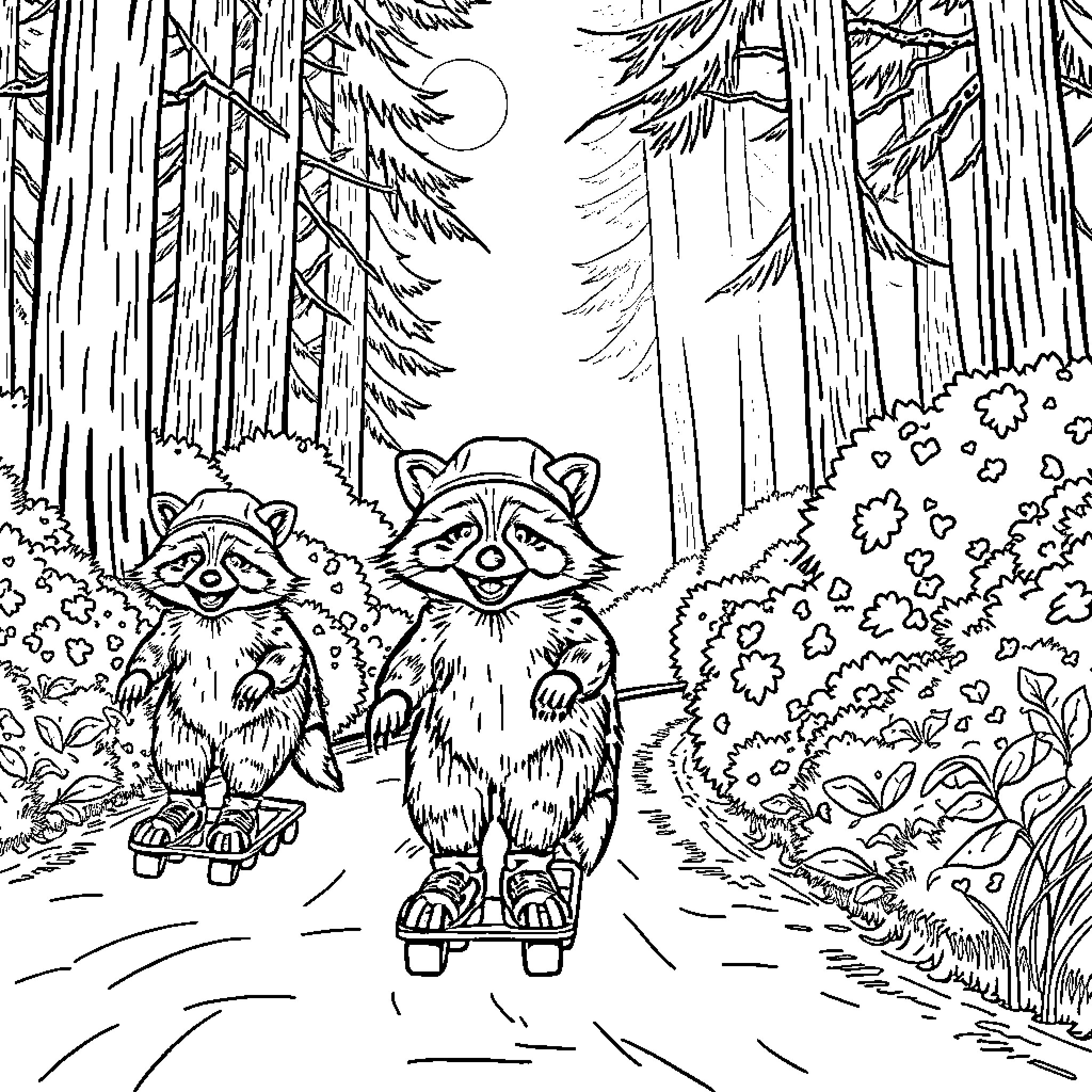 Raccoons explore the enchanting forest Coloring Page (free black-and-white line drawing printable PDF for all, from beginners to advanced learners, including children, teens, adults, and seniors)