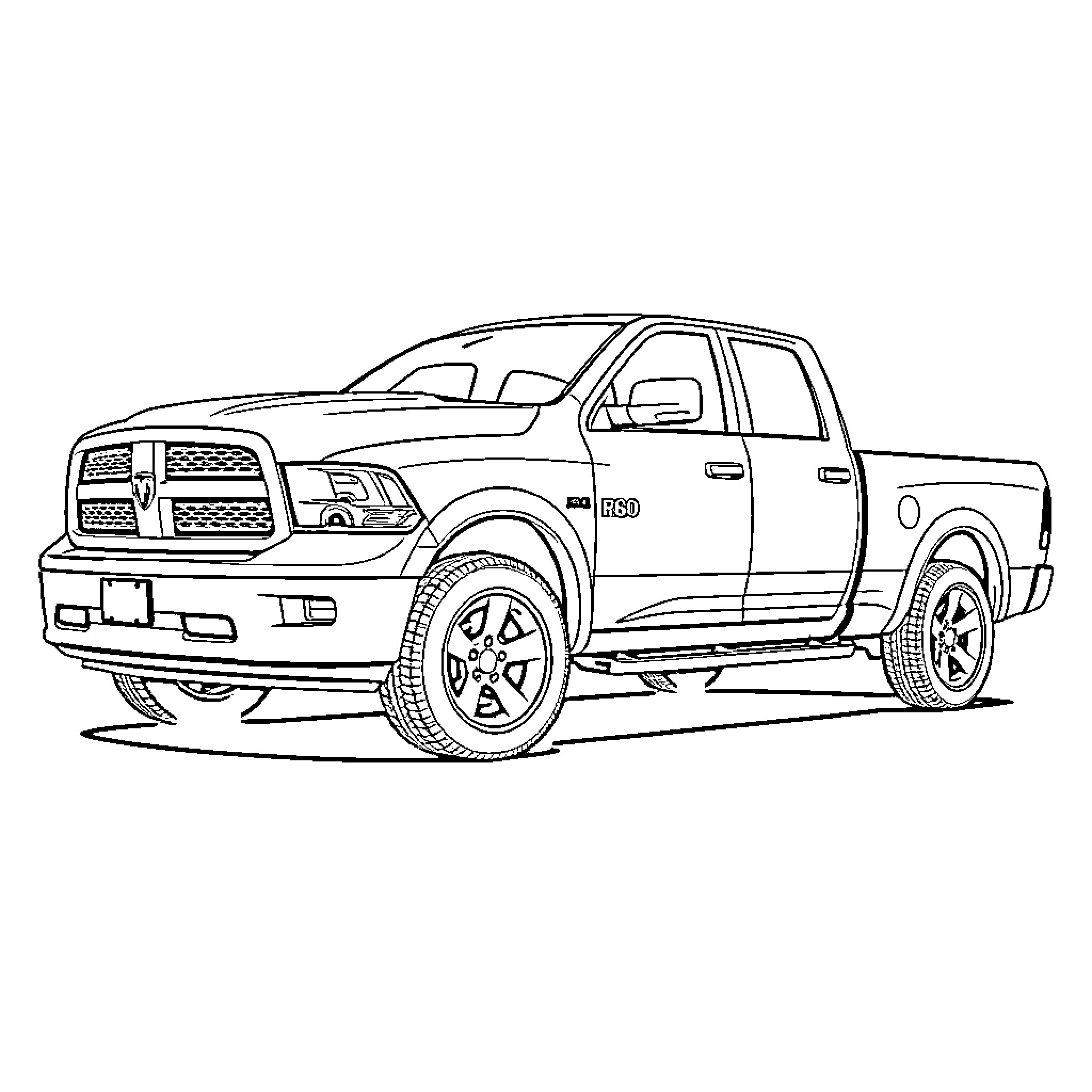 Dodge Ram pickup truck in black and white Coloring Page (free black-and-white line drawing printable PDF for all, from beginners to advanced learners, including children, teens, adults, and seniors)
