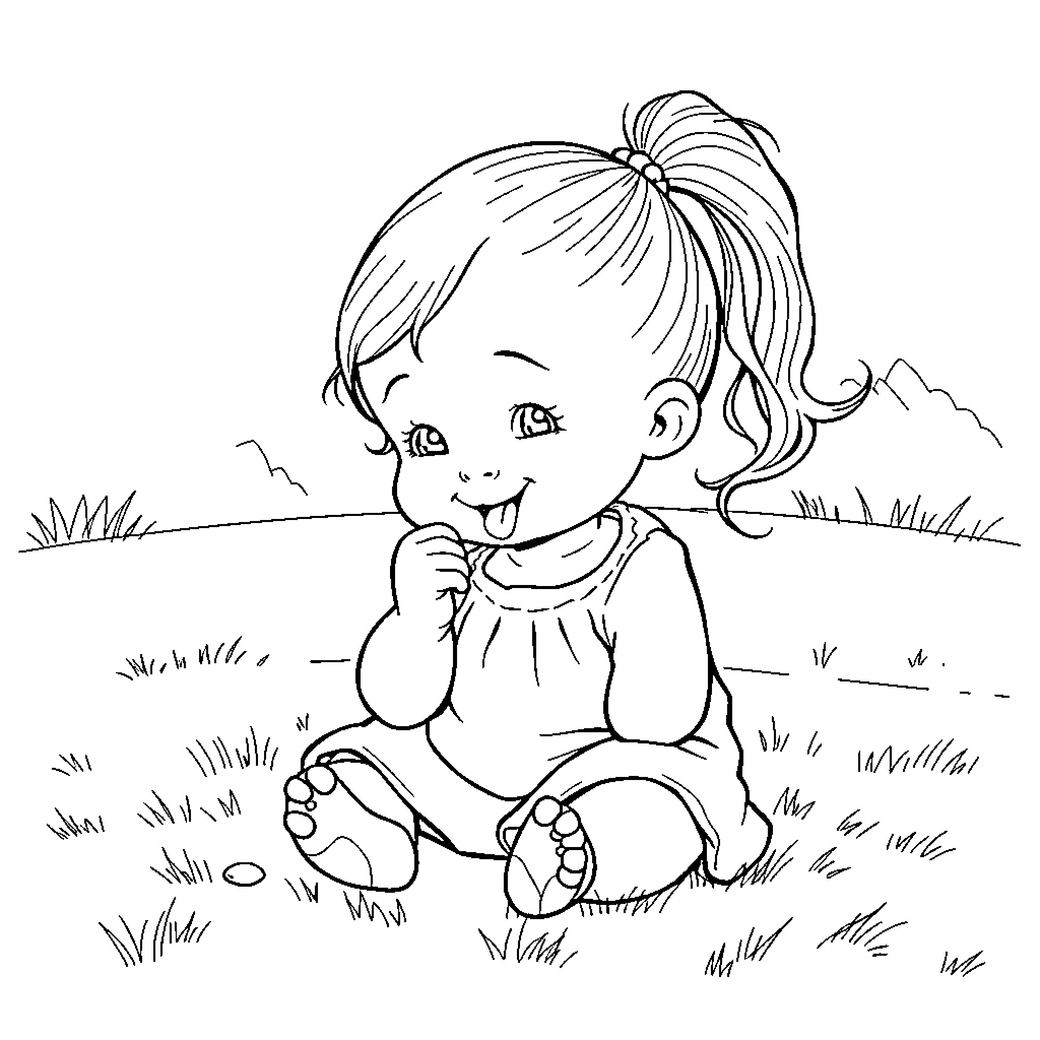 Girl Enjoying Nature Outdoors in Peaceful Moment Coloring Page (free black-and-white line drawing printable PDF for all, from beginners to advanced learners, including children, teens, adults, and seniors)