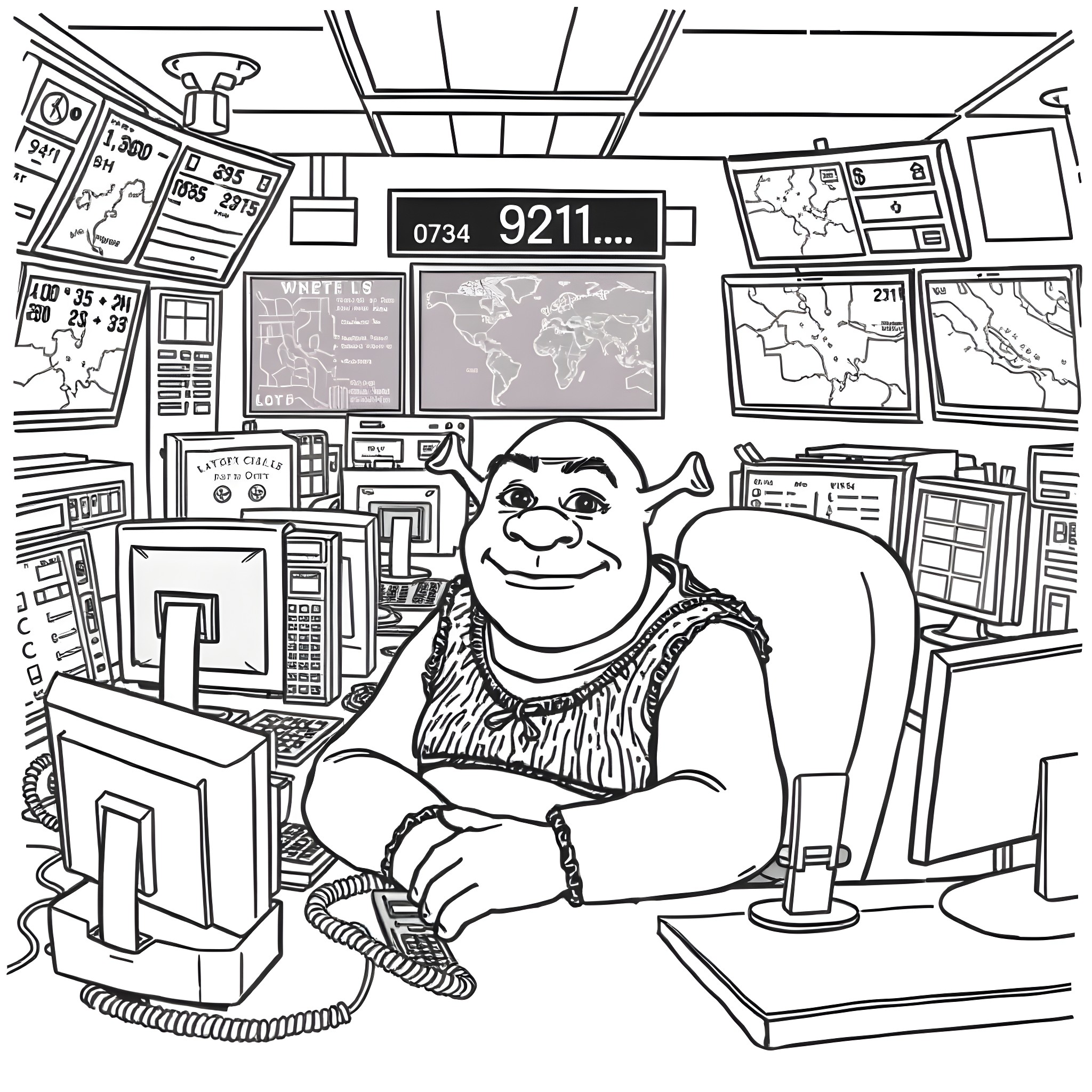 Shrek enjoying life in the dispatch control room Coloring Page (free black-and-white line drawing printable PDF for all, from beginners to advanced learners, including children, teens, adults, and seniors)
