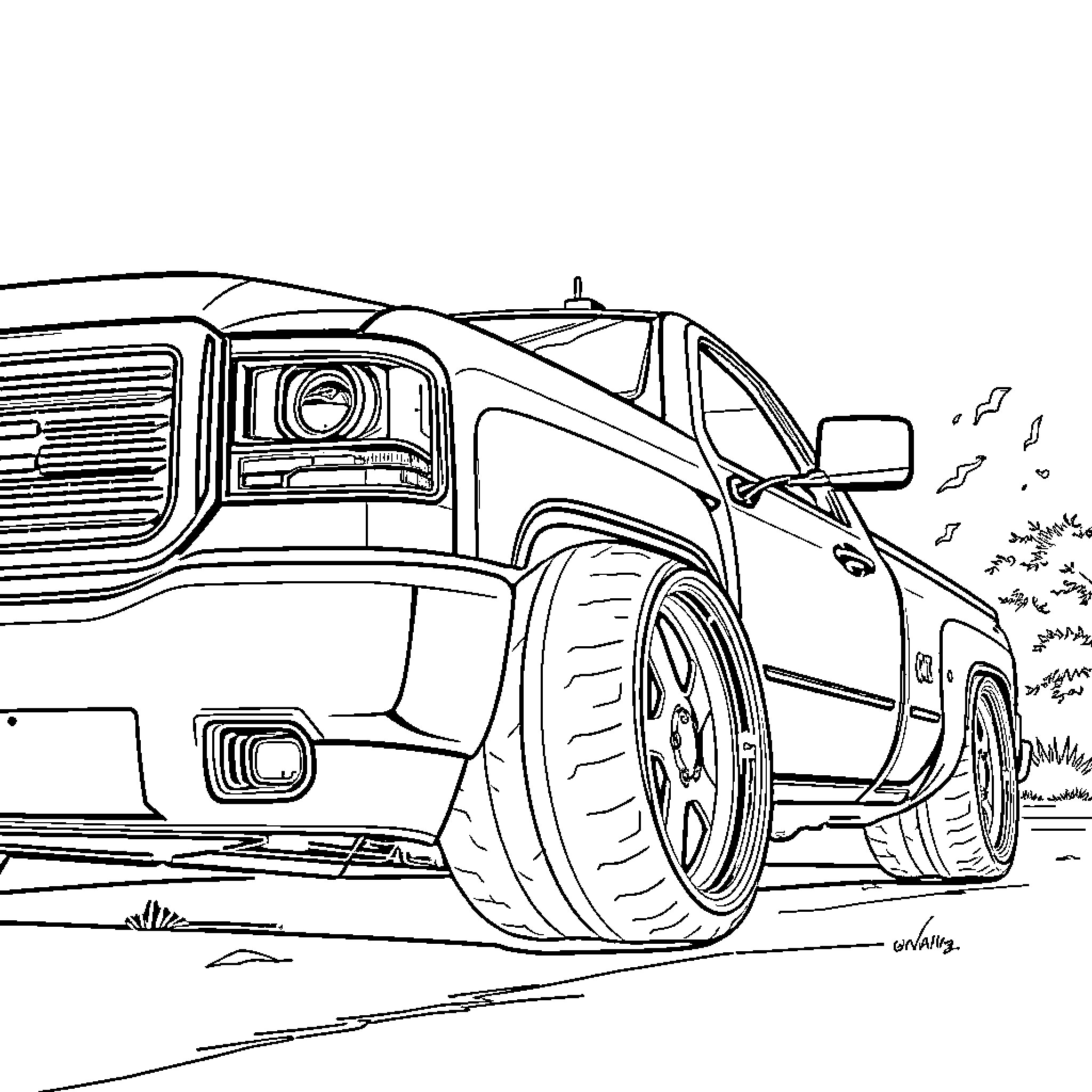 Truck speeding through the countryside Coloring Page (free black-and-white line drawing printable PDF for all, from beginners to advanced learners, including children, teens, adults, and seniors)