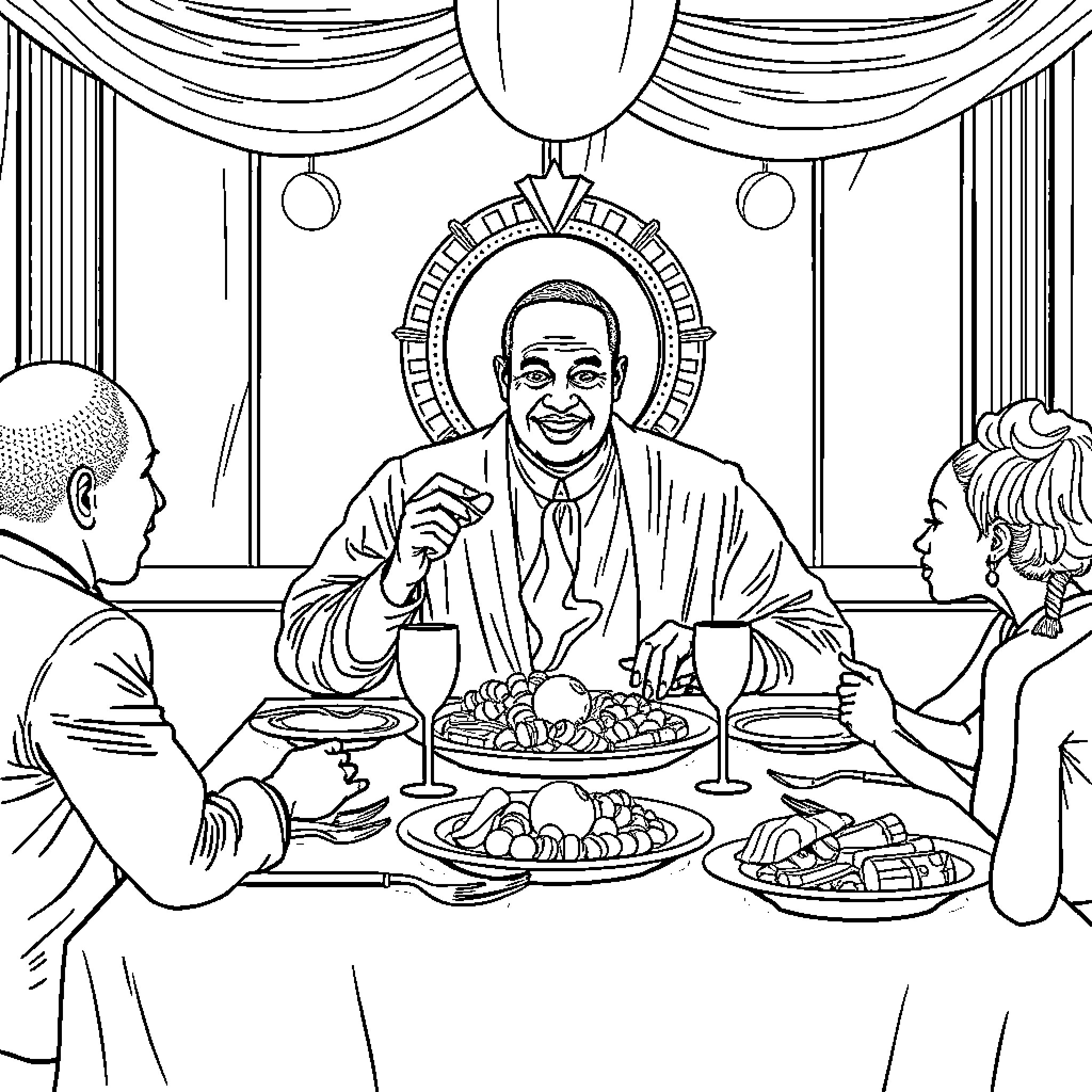 President Enjoying Formal Dinner with Guests Coloring Page (free black-and-white line drawing printable PDF for all, from beginners to advanced learners, including children, teens, adults, and seniors)