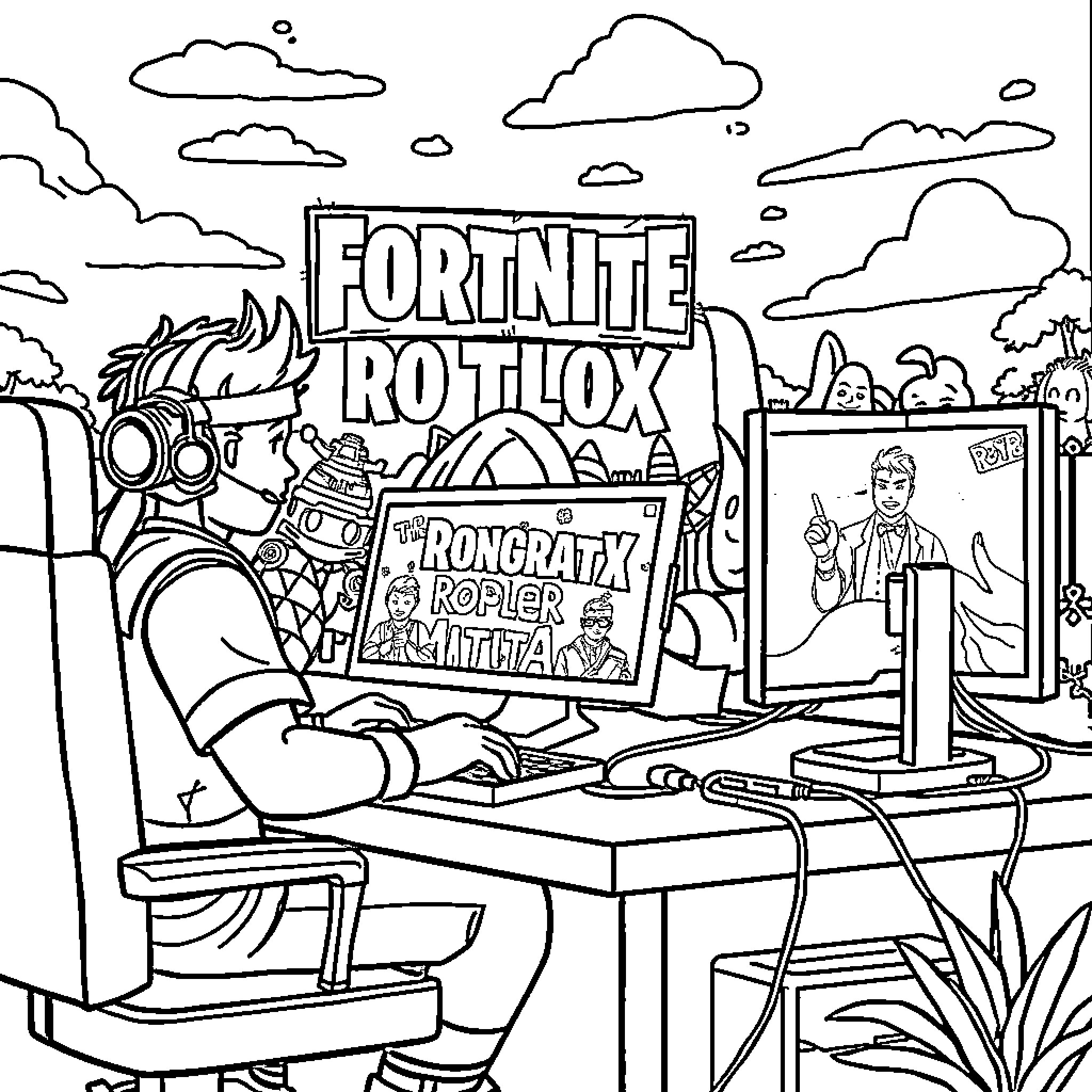 Fortnite game scene with characters, devices, and backgrounds Coloring Page (free black-and-white line drawing printable PDF for all, from beginners to advanced learners, including children, teens, adults, and seniors)