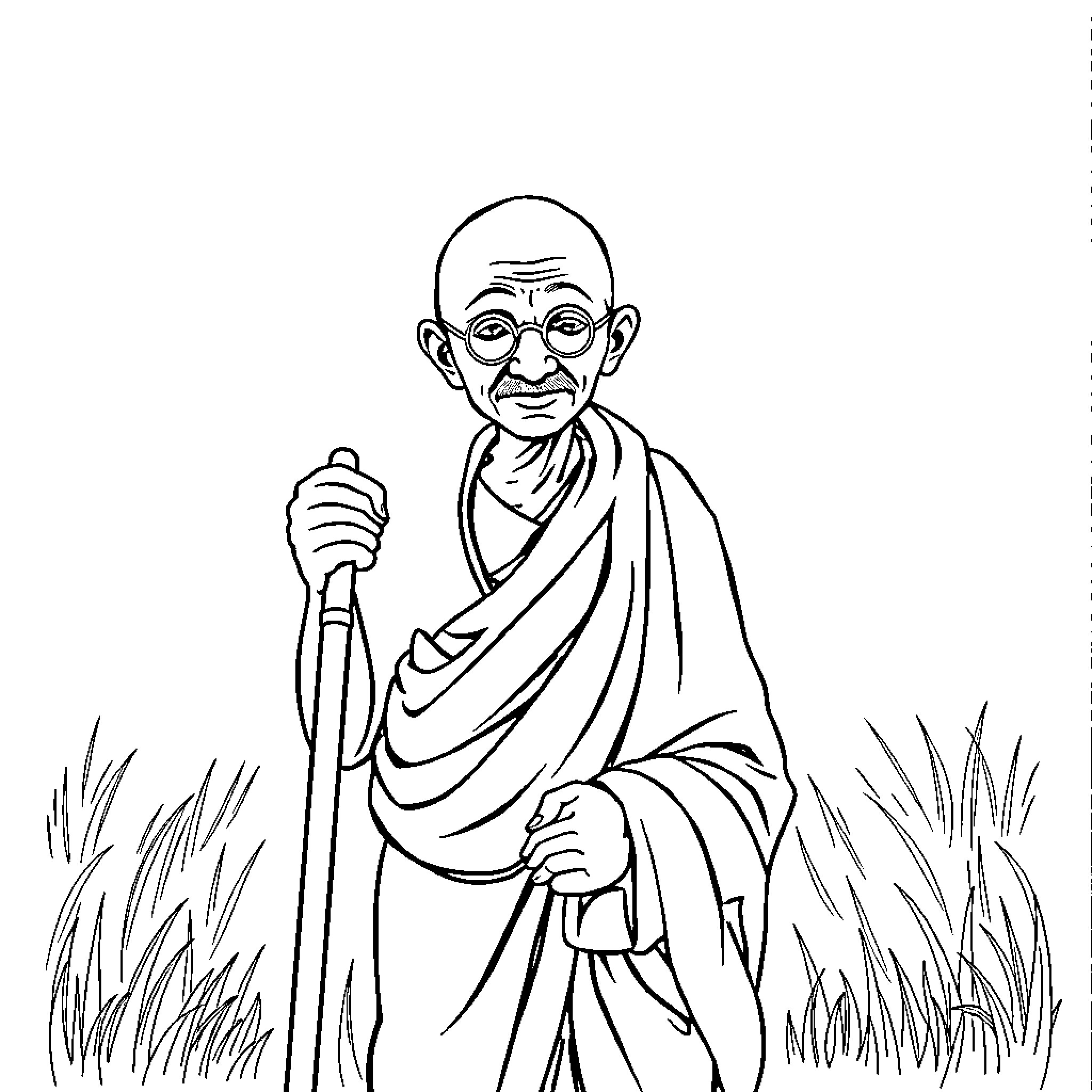 Mahatma Gandhi walking with walking stick Coloring Page (free black-and-white line drawing printable PDF for all, from beginners to advanced learners, including children, teens, adults, and seniors)