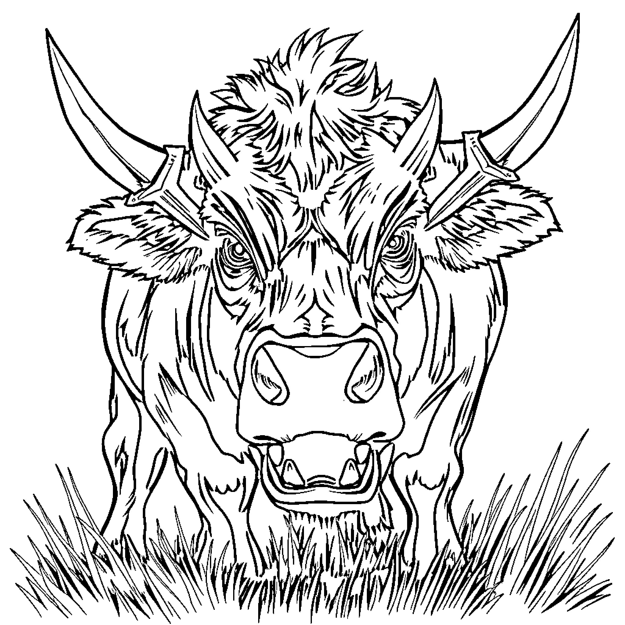 Cow with Horns in Field Coloring Page (free black-and-white line drawing printable PDF for all, from beginners to advanced learners, including children, teens, adults, and seniors)