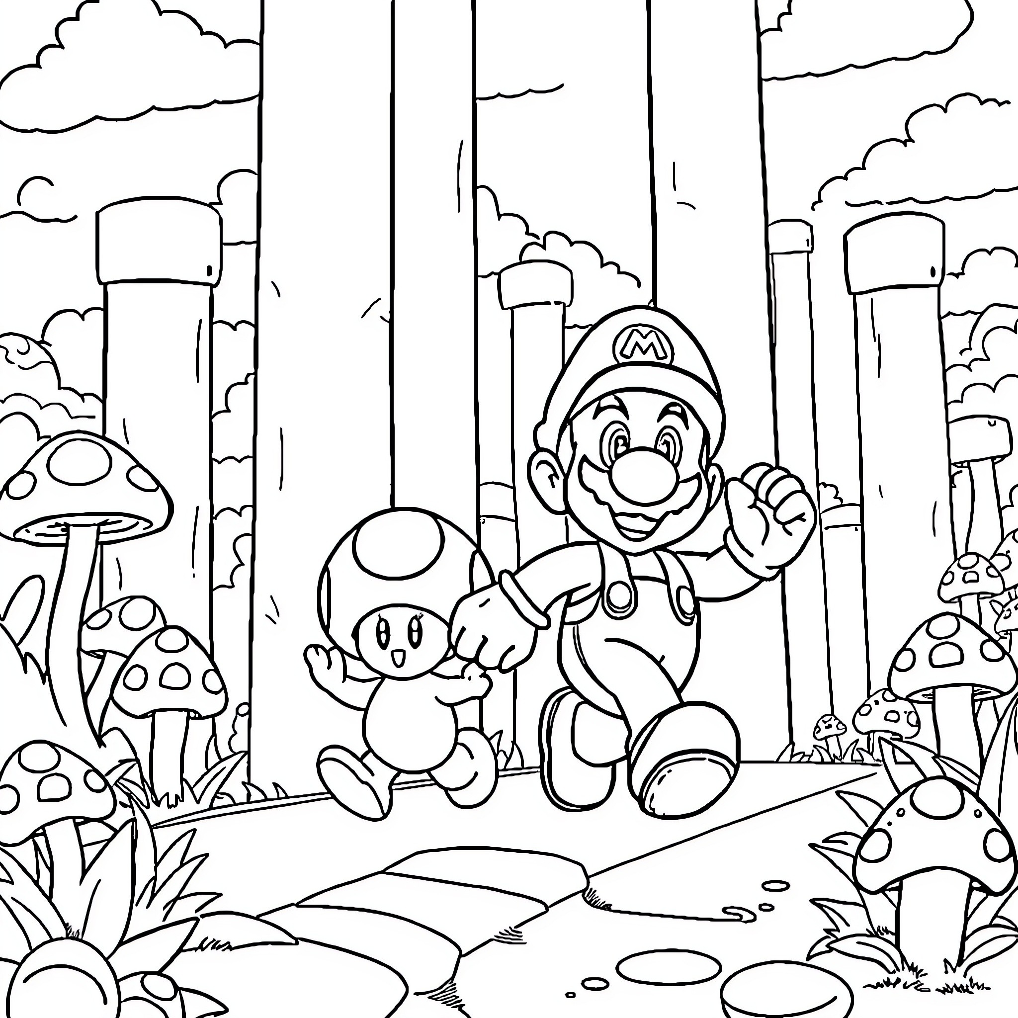 Mario Exploring the Whimsical Mushroom Kingdom Coloring Page (free black-and-white line drawing printable PDF for all, from beginners to advanced learners, including children, teens, adults, and seniors)