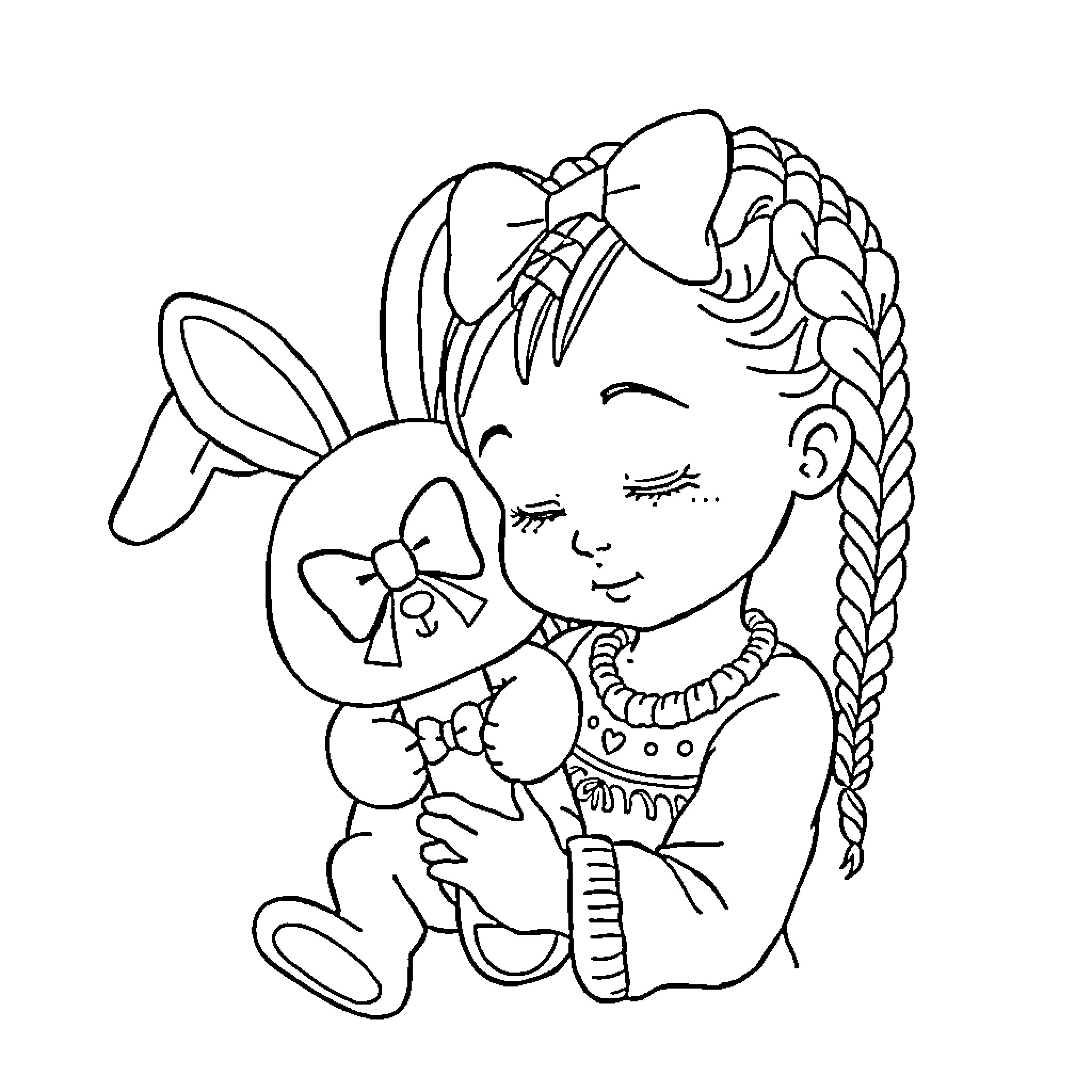 Bunny Hugging Girl with Braided Hair Coloring Page (free black-and-white line drawing printable PDF for all, from beginners to advanced learners, including children, teens, adults, and seniors)