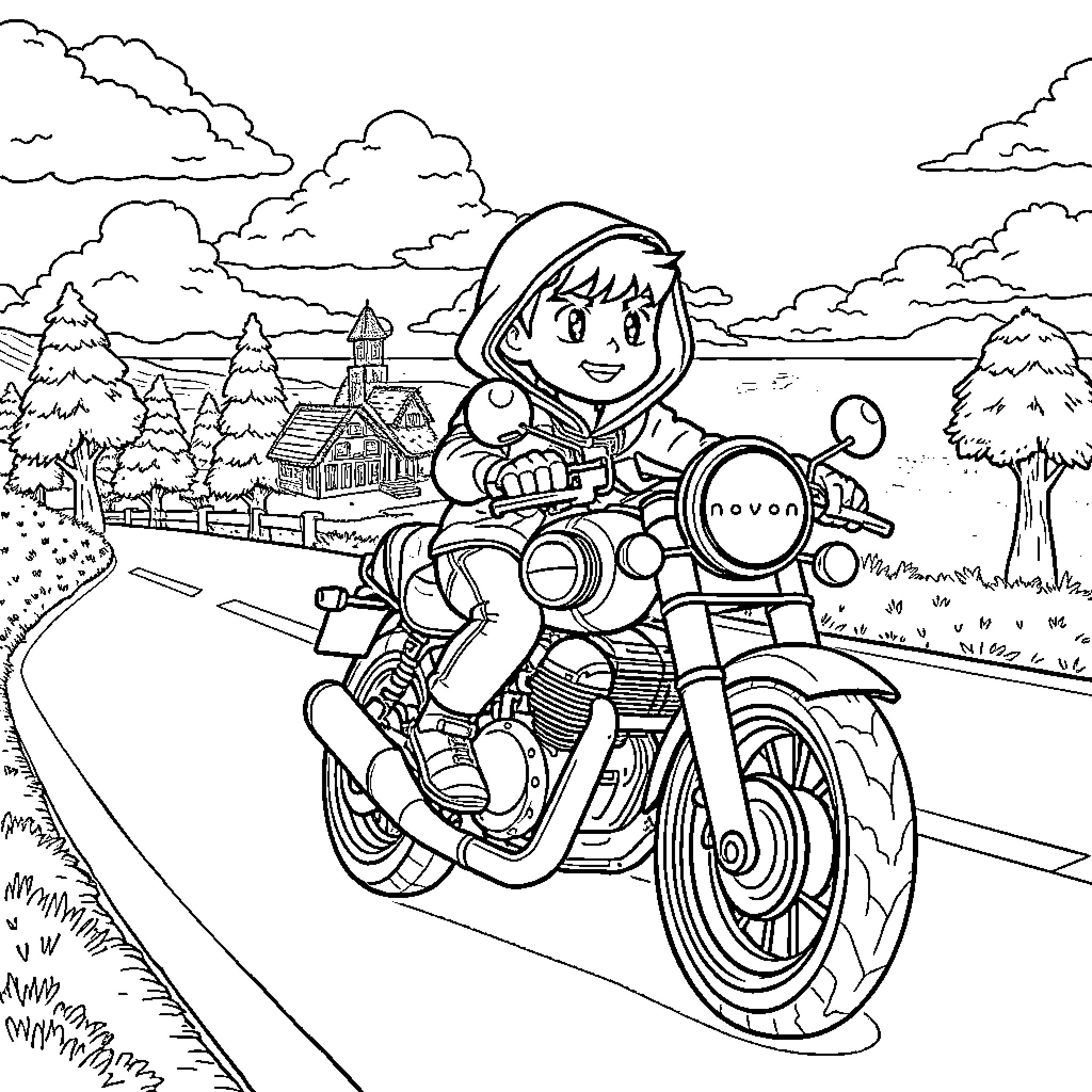 Sebastian riding a motorcycle through a scenic village Coloring Page (free black-and-white line drawing printable PDF for all, from beginners to advanced learners, including children, teens, adults, and seniors)