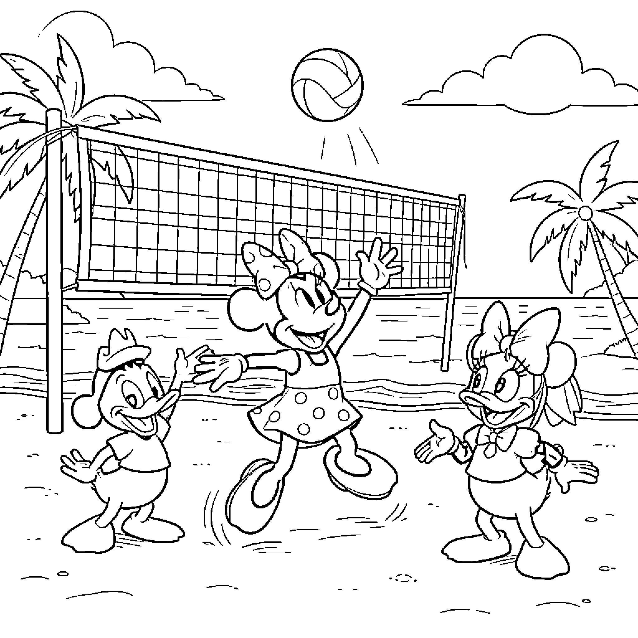 Minnie playing volleyball on the beach with friends Coloring Page (free black-and-white line drawing printable PDF for all, from beginners to advanced learners, including children, teens, adults, and seniors)