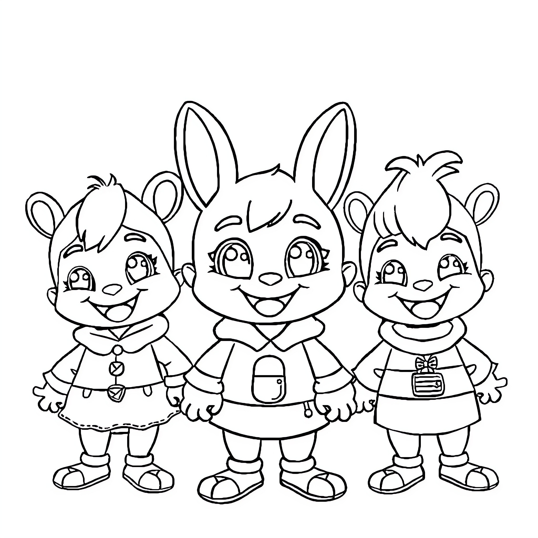 Sprunki cheerful cartoon rabbits in casual outfits Coloring Page (free black-and-white line drawing printable PDF for all, from beginners to advanced learners, including children, teens, adults, and seniors)