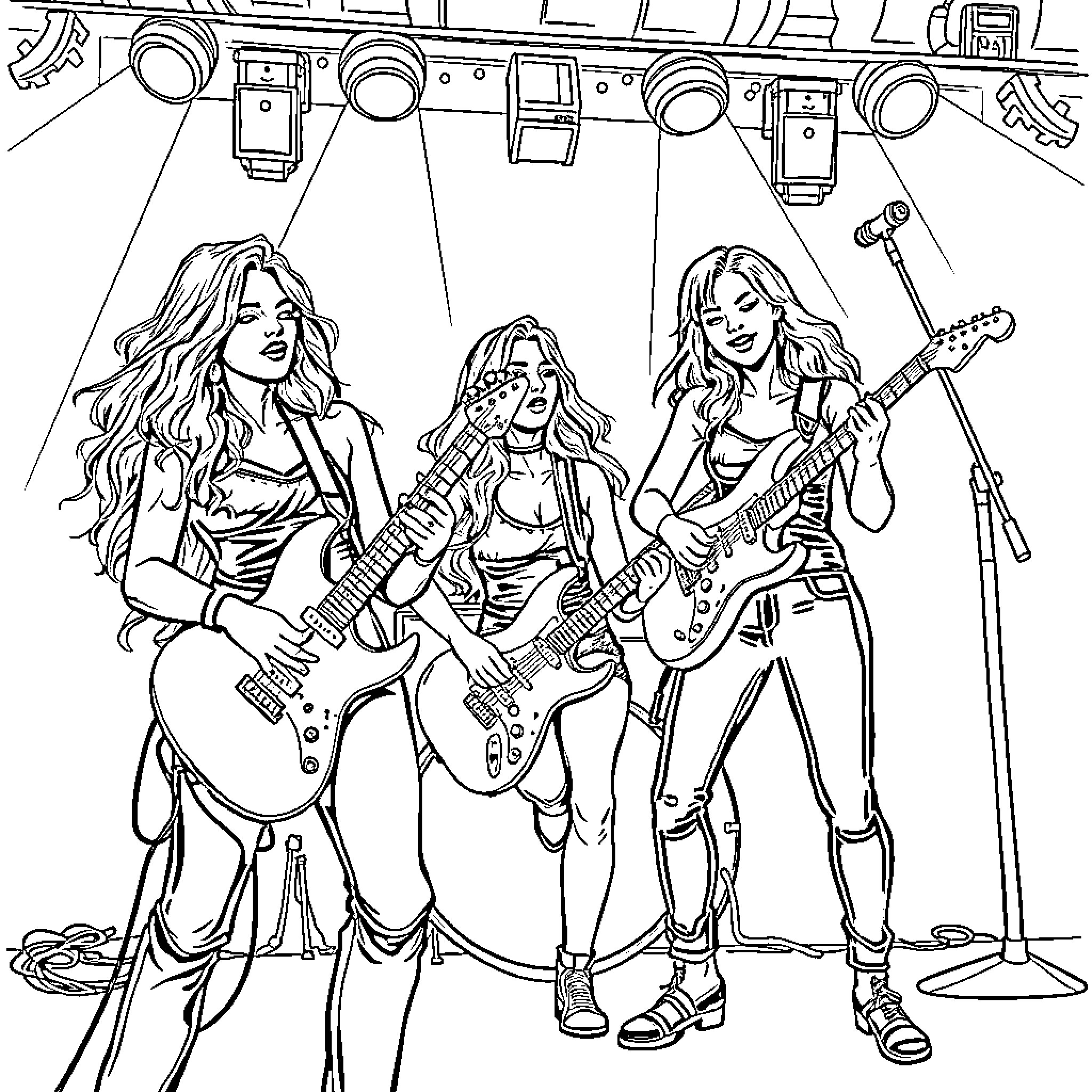 Women rockers performing on stage Coloring Page (free black-and-white line drawing printable PDF for all, from beginners to advanced learners, including children, teens, adults, and seniors)
