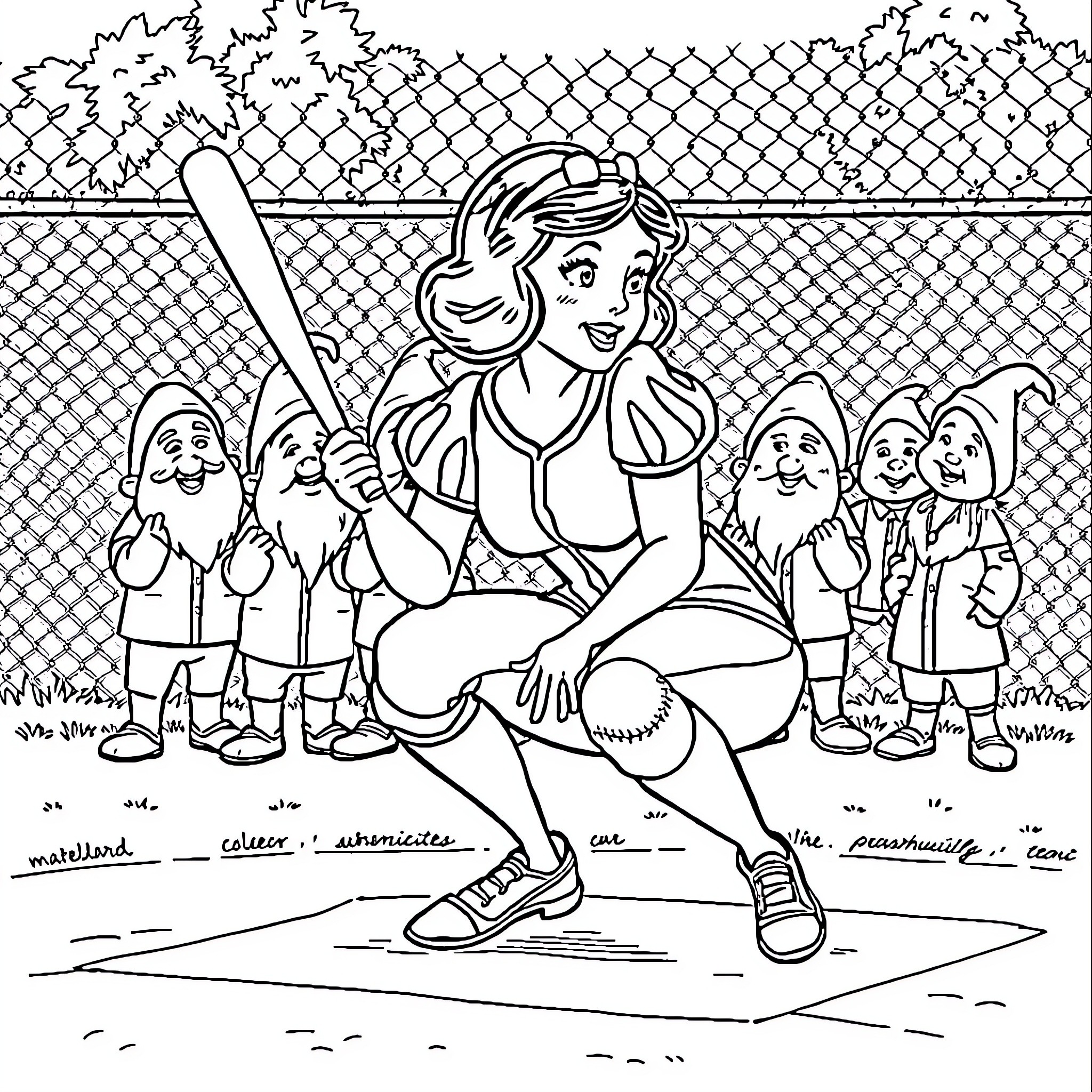 Snow White playing baseball with dwarfs in the garden Coloring Page (free black-and-white line drawing printable PDF for all, from beginners to advanced learners, including children, teens, adults, and seniors)