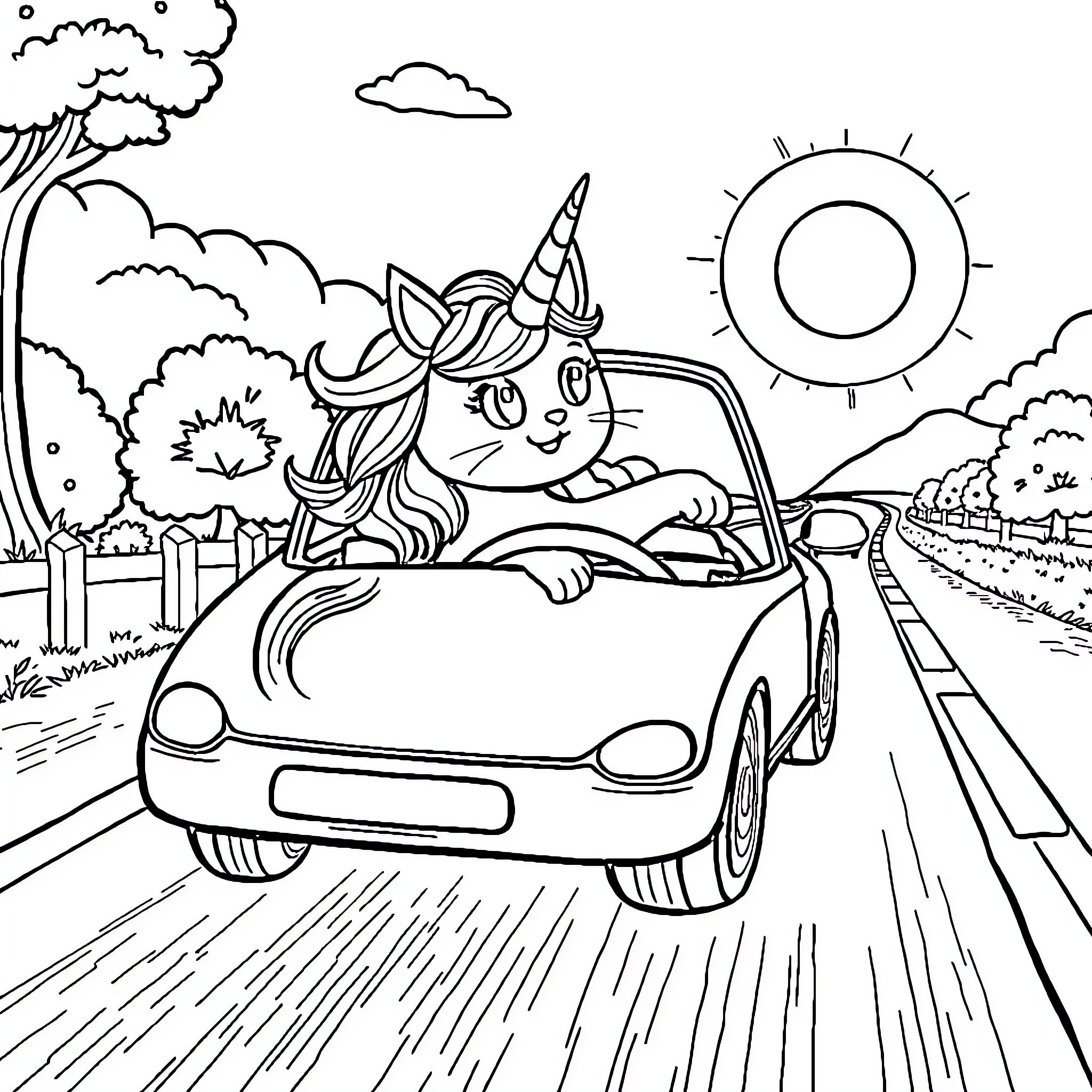 Unicorn Cat driving joyfully down the road Coloring Page (free black-and-white line drawing printable PDF for all, from beginners to advanced learners, including children, teens, adults, and seniors)
