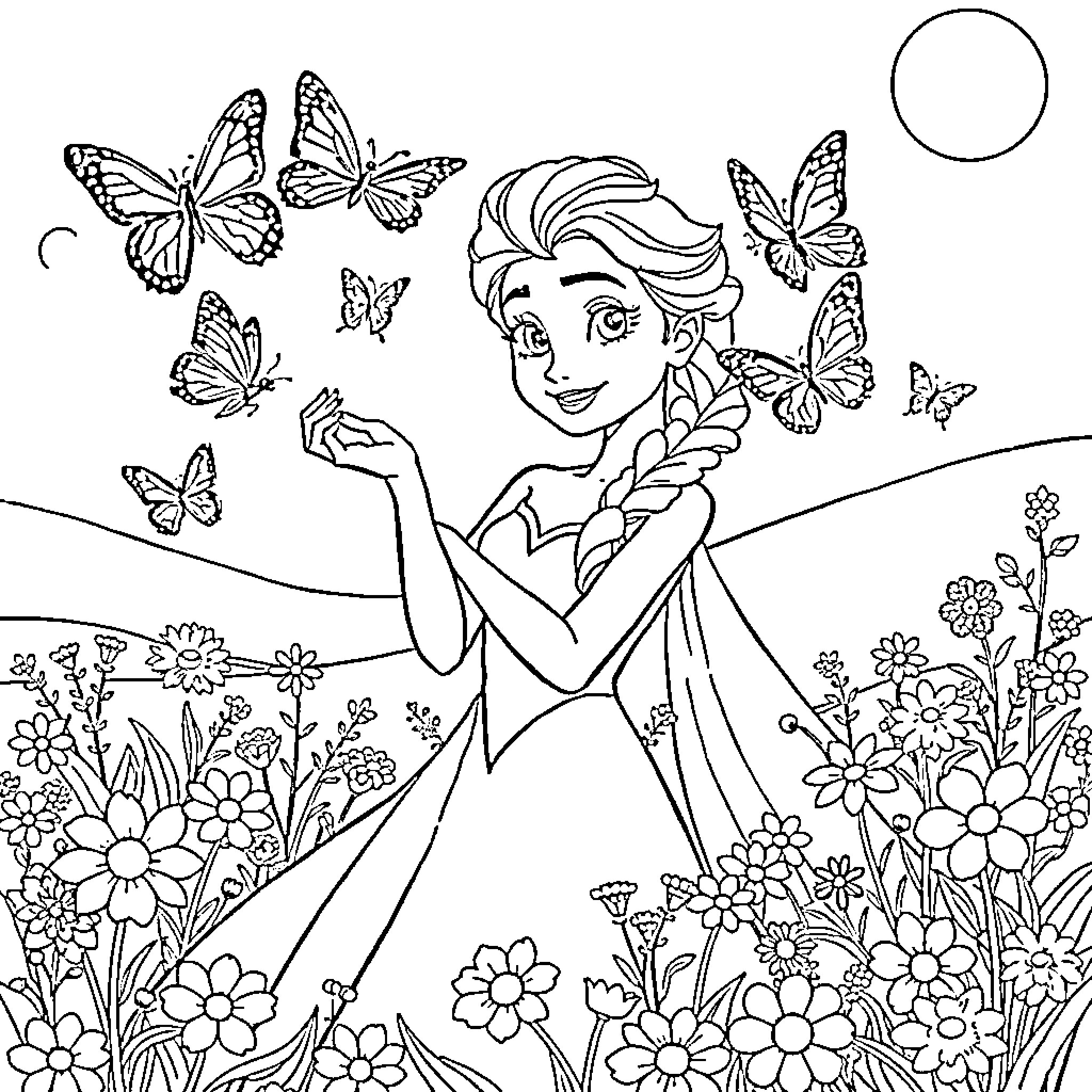 Elsa surrounded by butterflies in a flower field Coloring Page (free black-and-white line drawing printable PDF for all, from beginners to advanced learners, including children, teens, adults, and seniors)