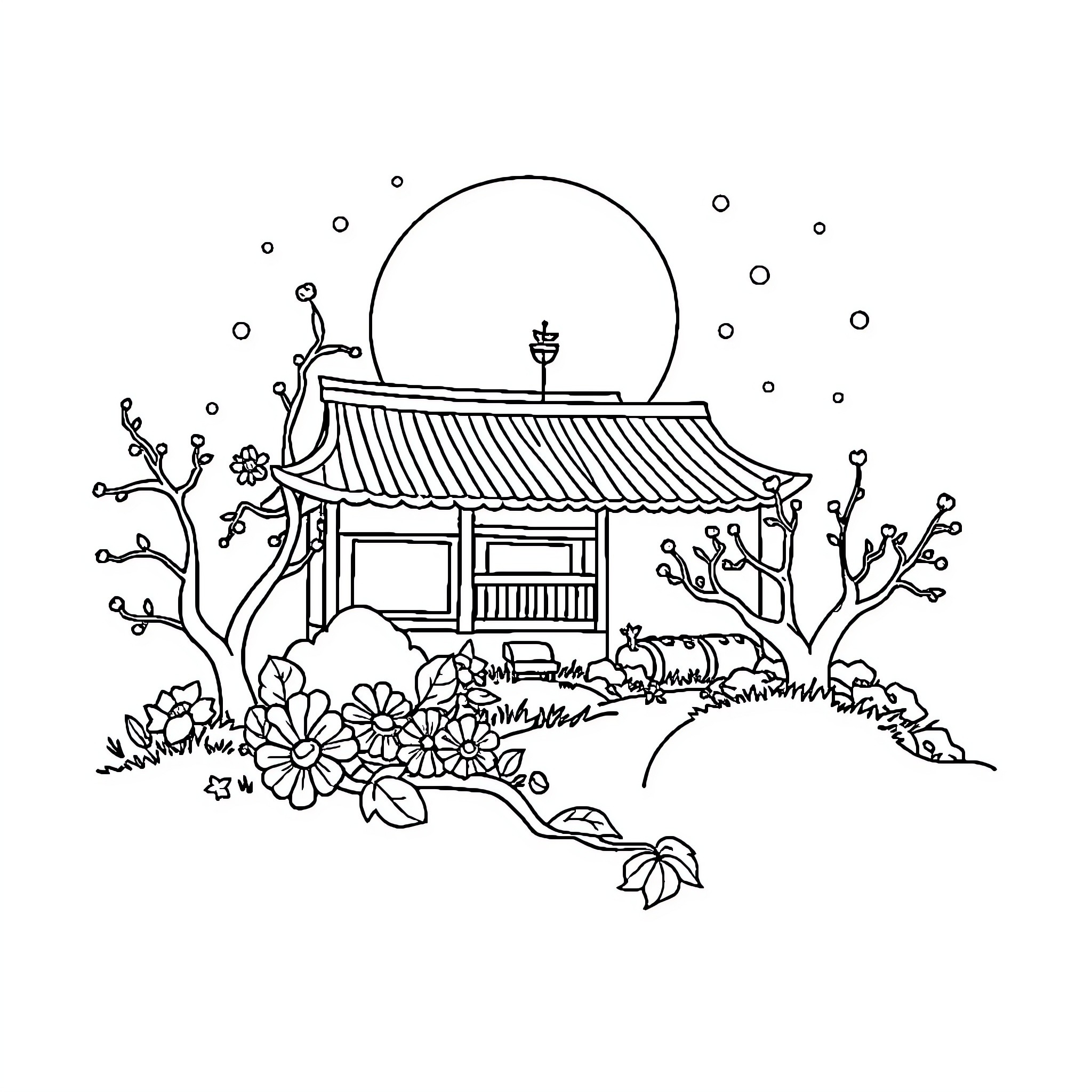 Cat exploring a tranquil Japanese garden Coloring Page (free black-and-white line drawing printable PDF for all, from beginners to advanced learners, including children, teens, adults, and seniors)