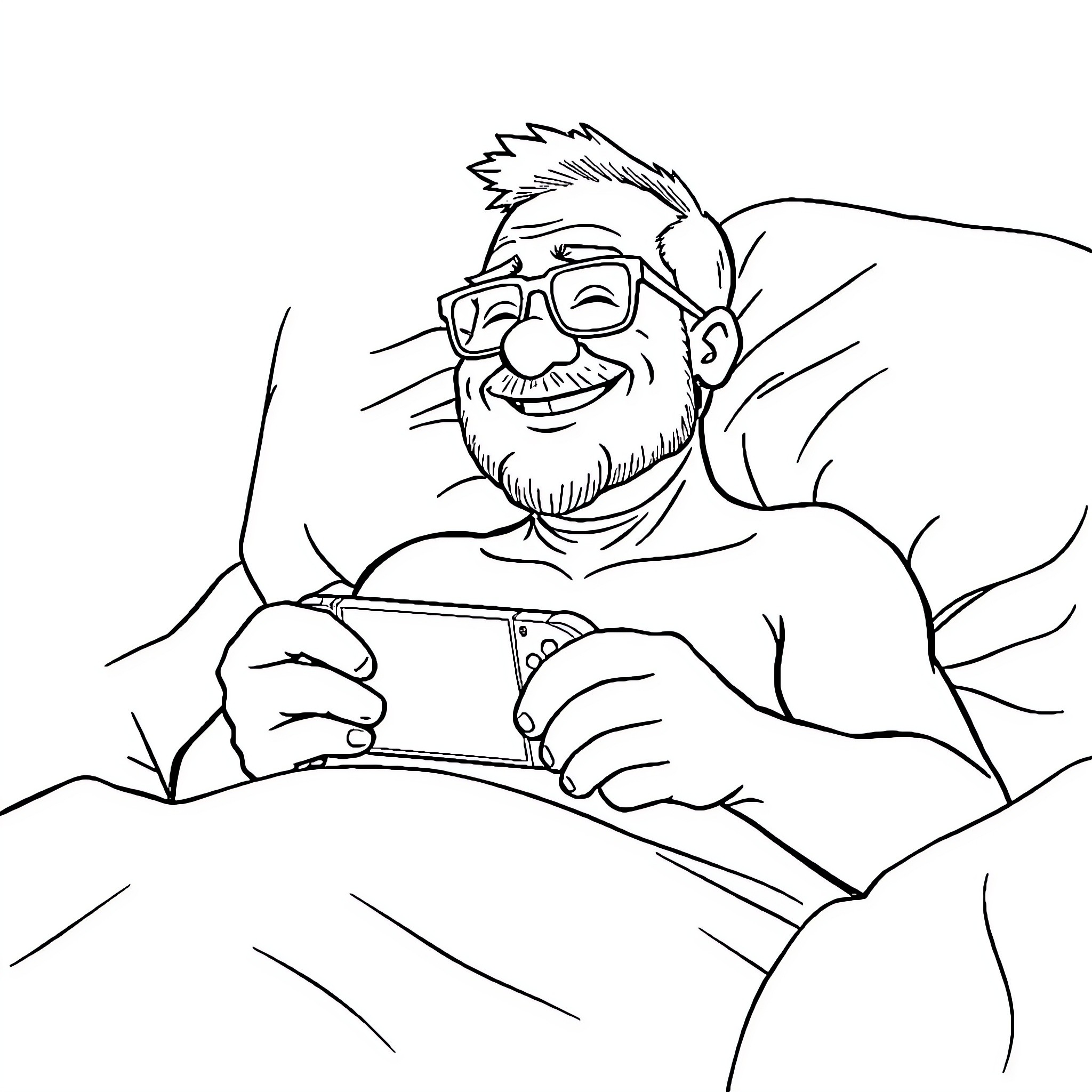 Papa relaxing and enjoying his mobile device Coloring Page (free black-and-white line drawing printable PDF for all, from beginners to advanced learners, including children, teens, adults, and seniors)