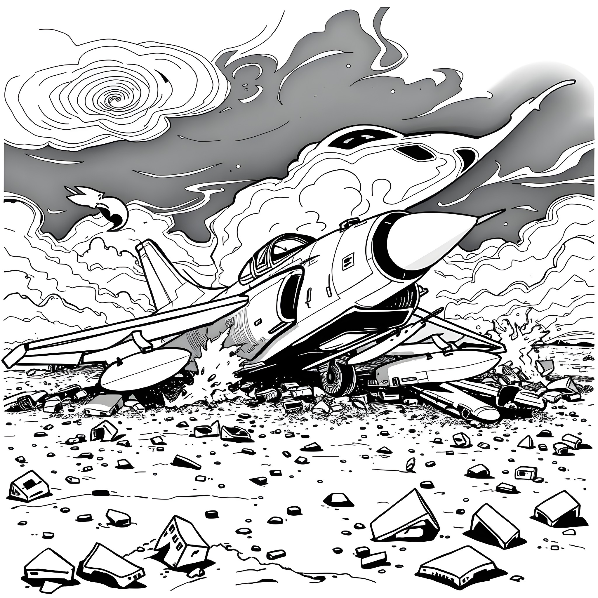 F4 Phantom crashing in intense combat scene Coloring Page (free black-and-white line drawing printable PDF for all, from beginners to advanced learners, including children, teens, adults, and seniors)
