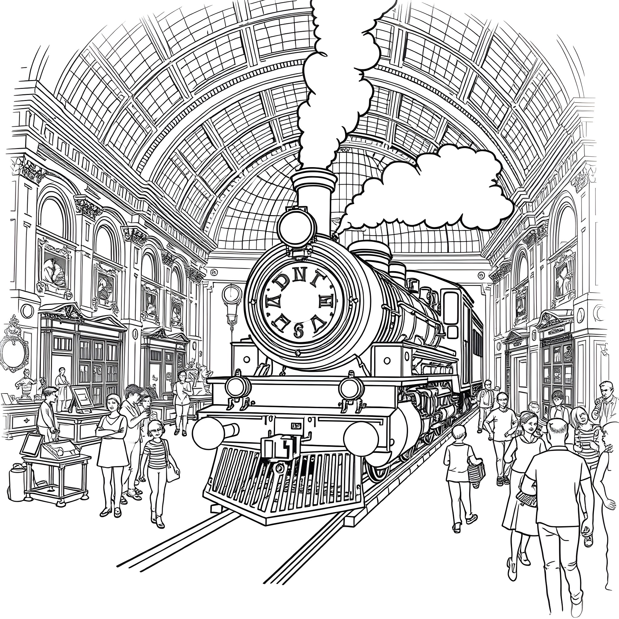 Train Arriving at the Grand Terminal Station Coloring Page (free black-and-white line drawing printable PDF for all, from beginners to advanced learners, including children, teens, adults, and seniors)