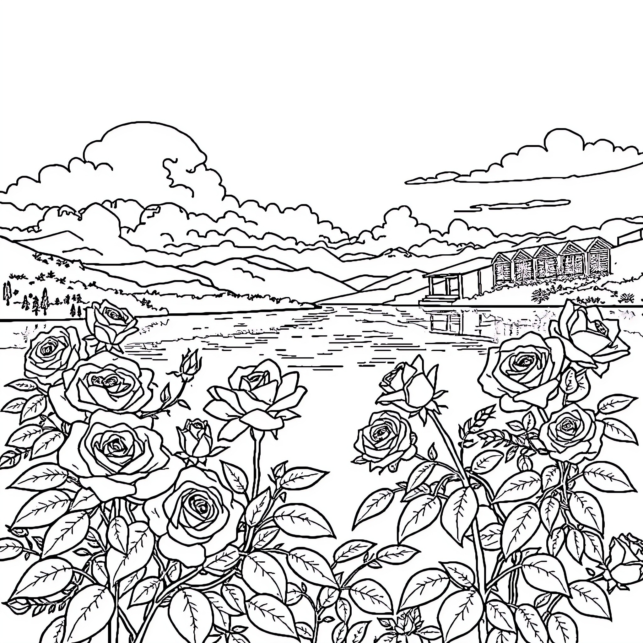 Rose Garden by the Lakeside Cottage Coloring Page (free black-and-white line drawing printable PDF for all, from beginners to advanced learners, including children, teens, adults, and seniors)
