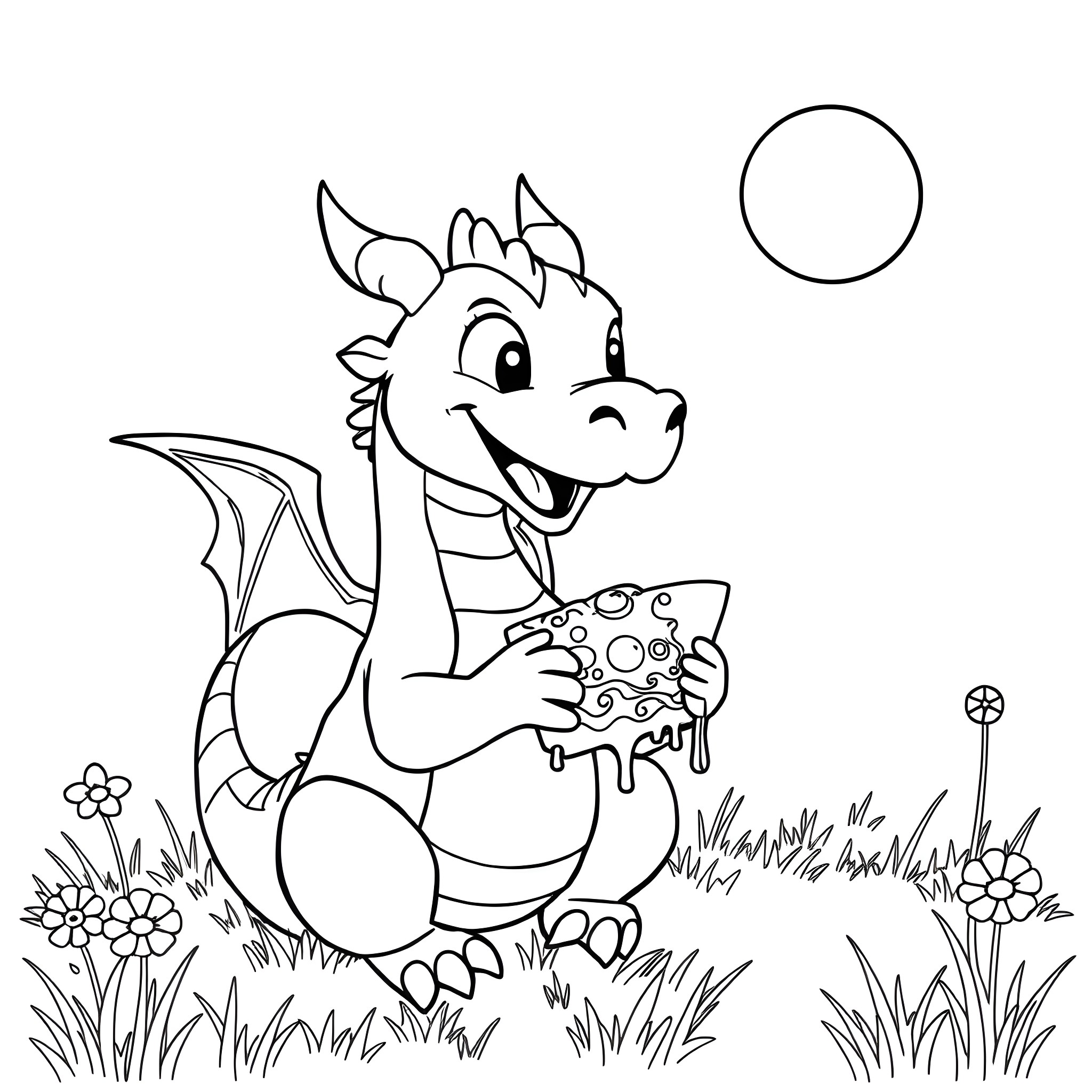 Dragon enjoying a snack in the meadow Coloring Page (free black-and-white line drawing printable PDF for all, from beginners to advanced learners, including children, teens, adults, and seniors)