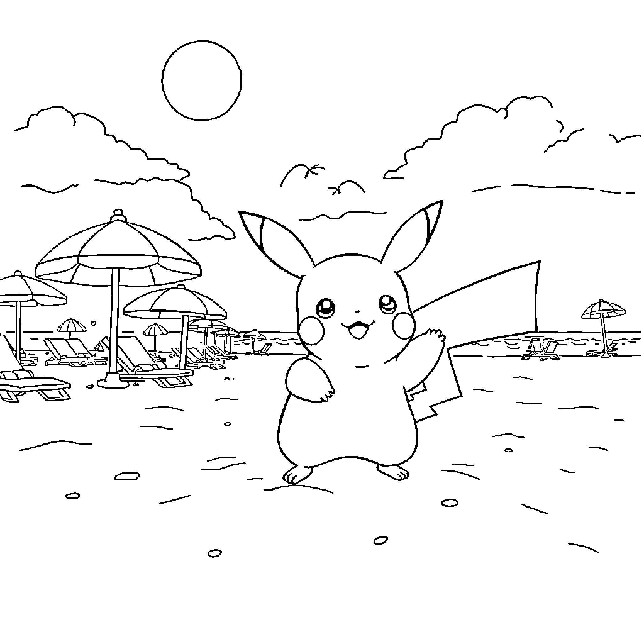 Pikachu enjoying a sunny day at the beach Coloring Page (free black-and-white line drawing printable PDF for all, from beginners to advanced learners, including children, teens, adults, and seniors)