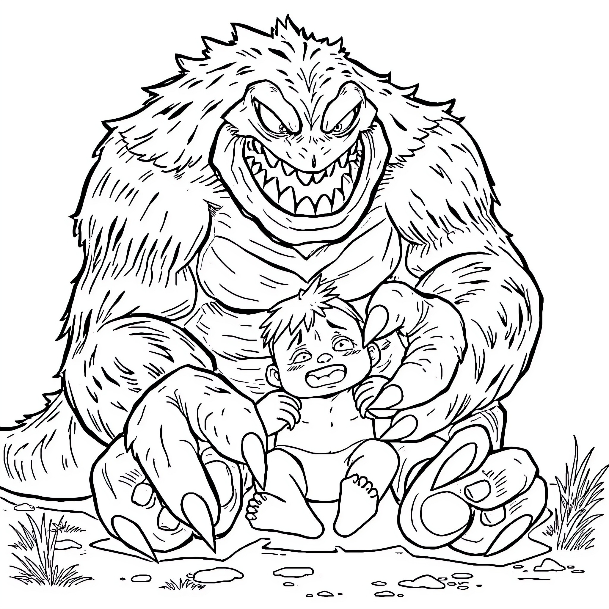 Orderus Furry Monster Capturing a Helpless Prey Coloring Page (free black-and-white line drawing printable PDF for all, from beginners to advanced learners, including children, teens, adults, and seniors)