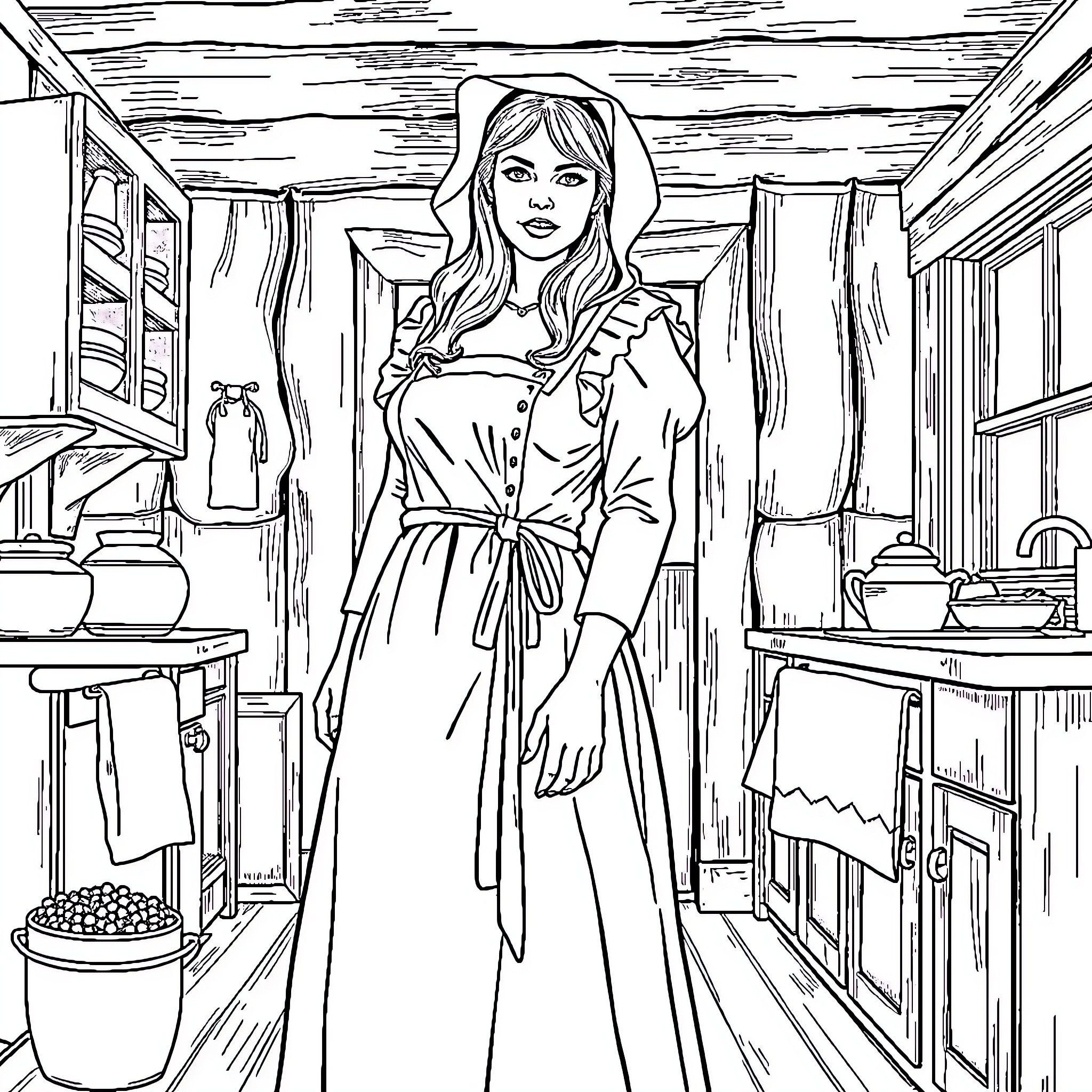 Pamela Anderson in a cozy cabin setting Coloring Page (free black-and-white line drawing printable PDF for all, from beginners to advanced learners, including children, teens, adults, and seniors)