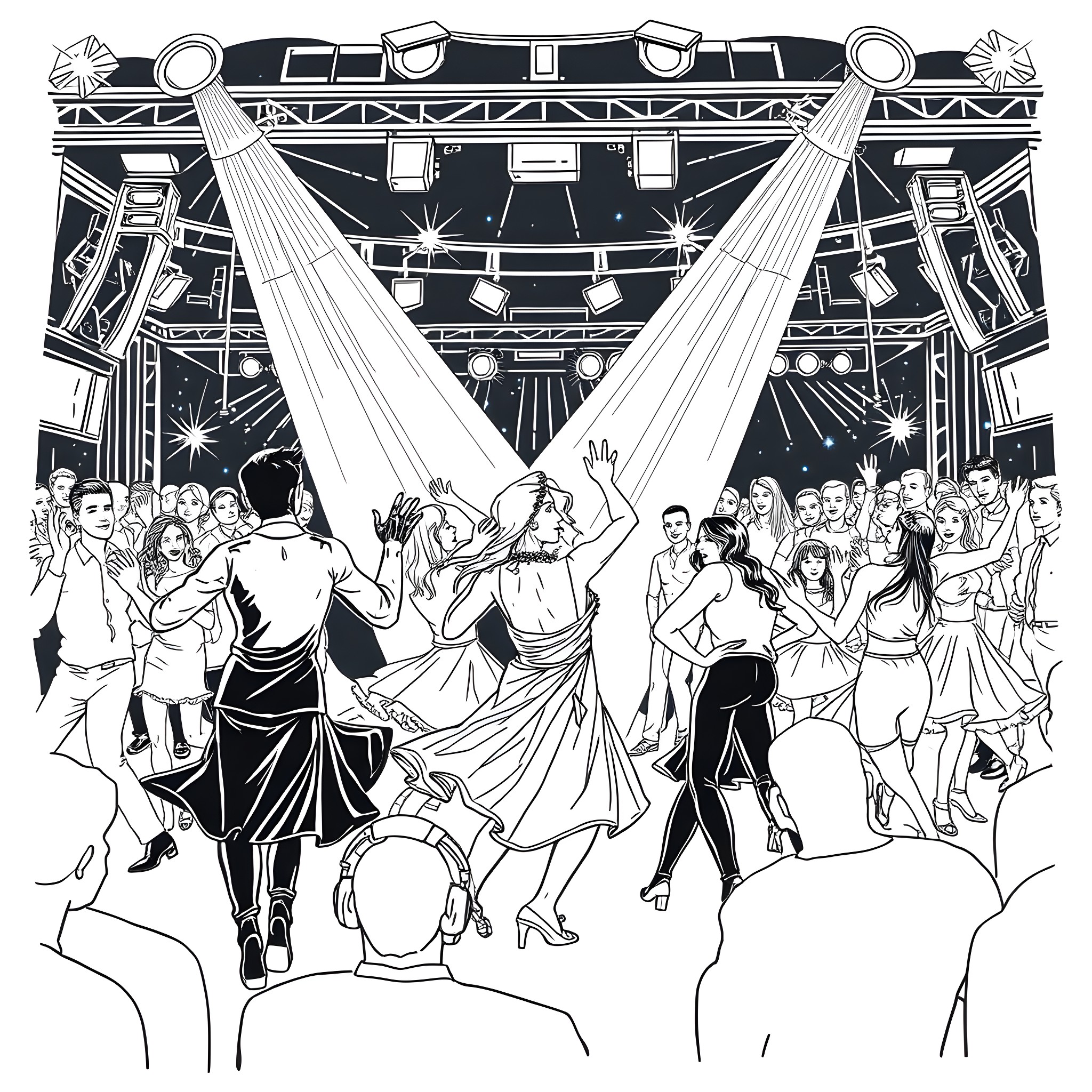 Magic Mike's Neon Dance Party Coloring Page (free black-and-white line drawing printable PDF for all, from beginners to advanced learners, including children, teens, adults, and seniors)