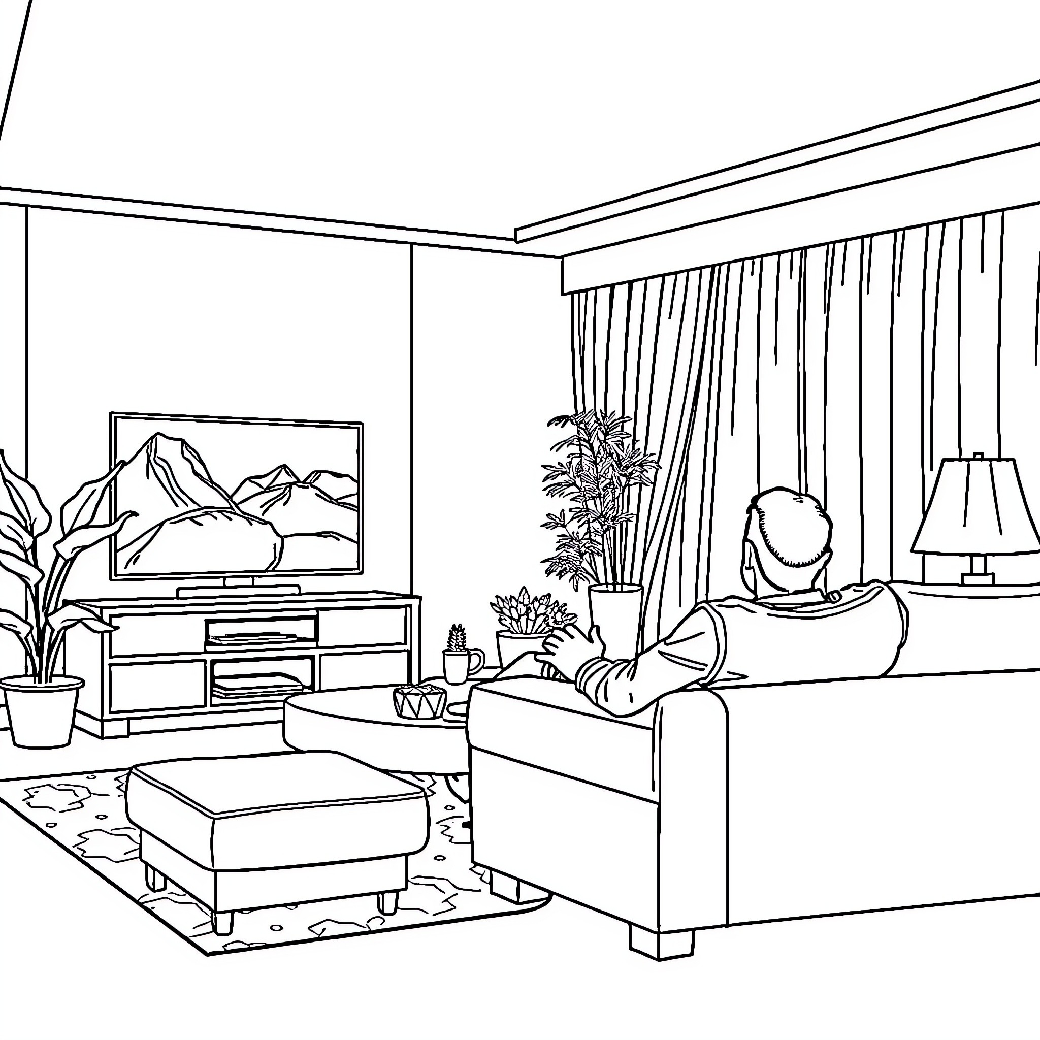 Person relaxing in cozy living room Coloring Page (free black-and-white line drawing printable PDF for all, from beginners to advanced learners, including children, teens, adults, and seniors)