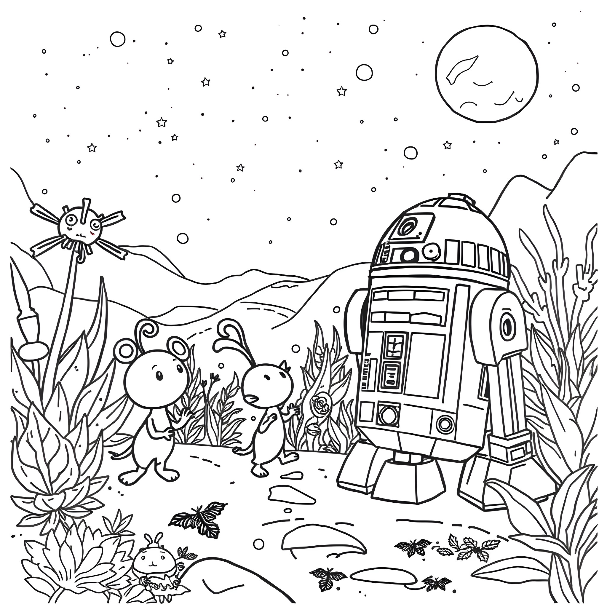 R2D2 and friends explore the galactic wilderness Coloring Page (free black-and-white line drawing printable PDF for all, from beginners to advanced learners, including children, teens, adults, and seniors)