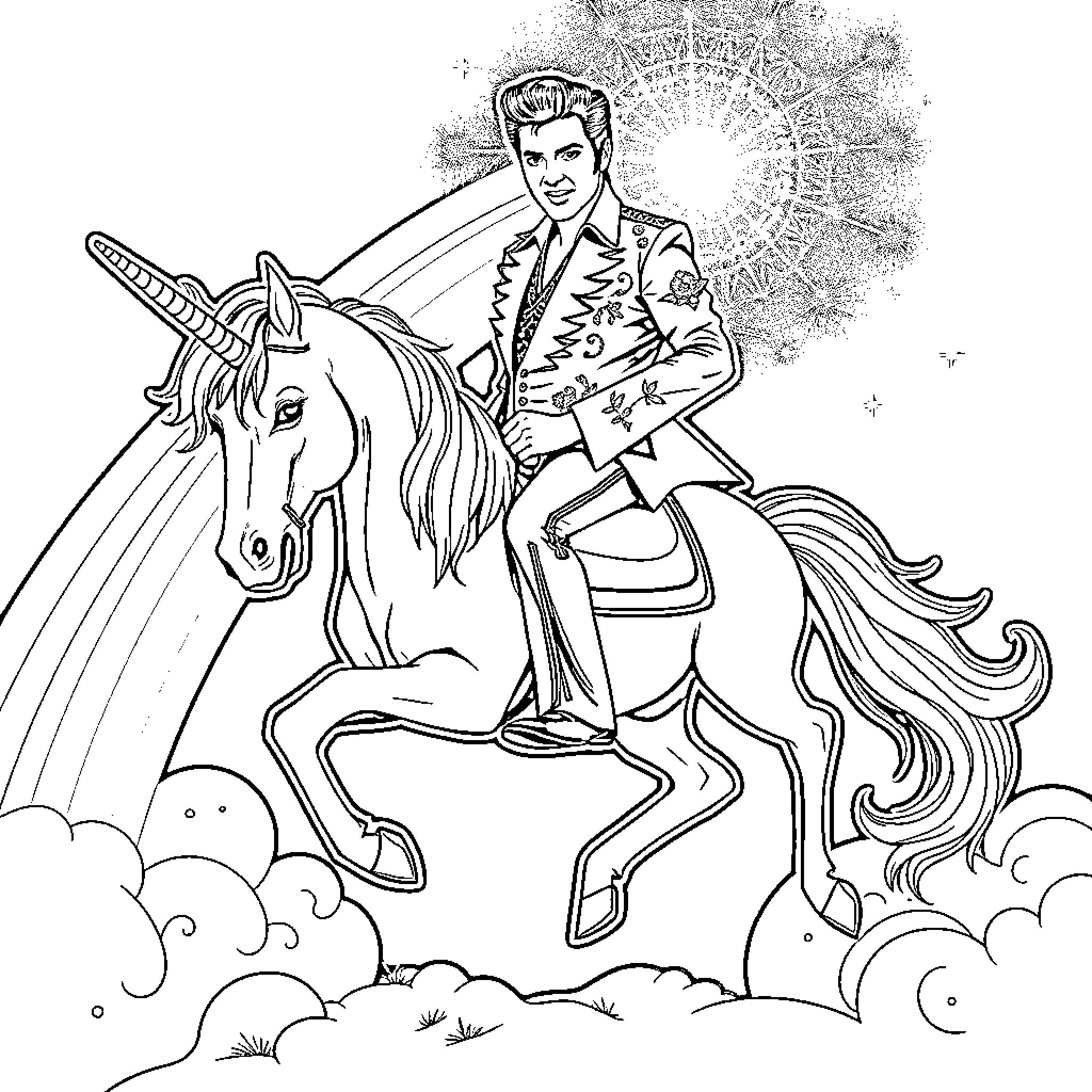 Elvis Presley riding a unicorn amidst stars and clouds Coloring Page (free black-and-white line drawing printable PDF for all, from beginners to advanced learners, including children, teens, adults, and seniors)