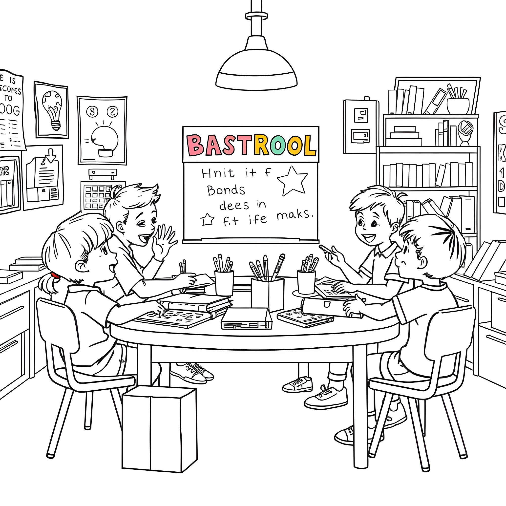 Kids exploring and learning in a classroom Coloring Page (free black-and-white line drawing printable PDF for all, from beginners to advanced learners, including children, teens, adults, and seniors)