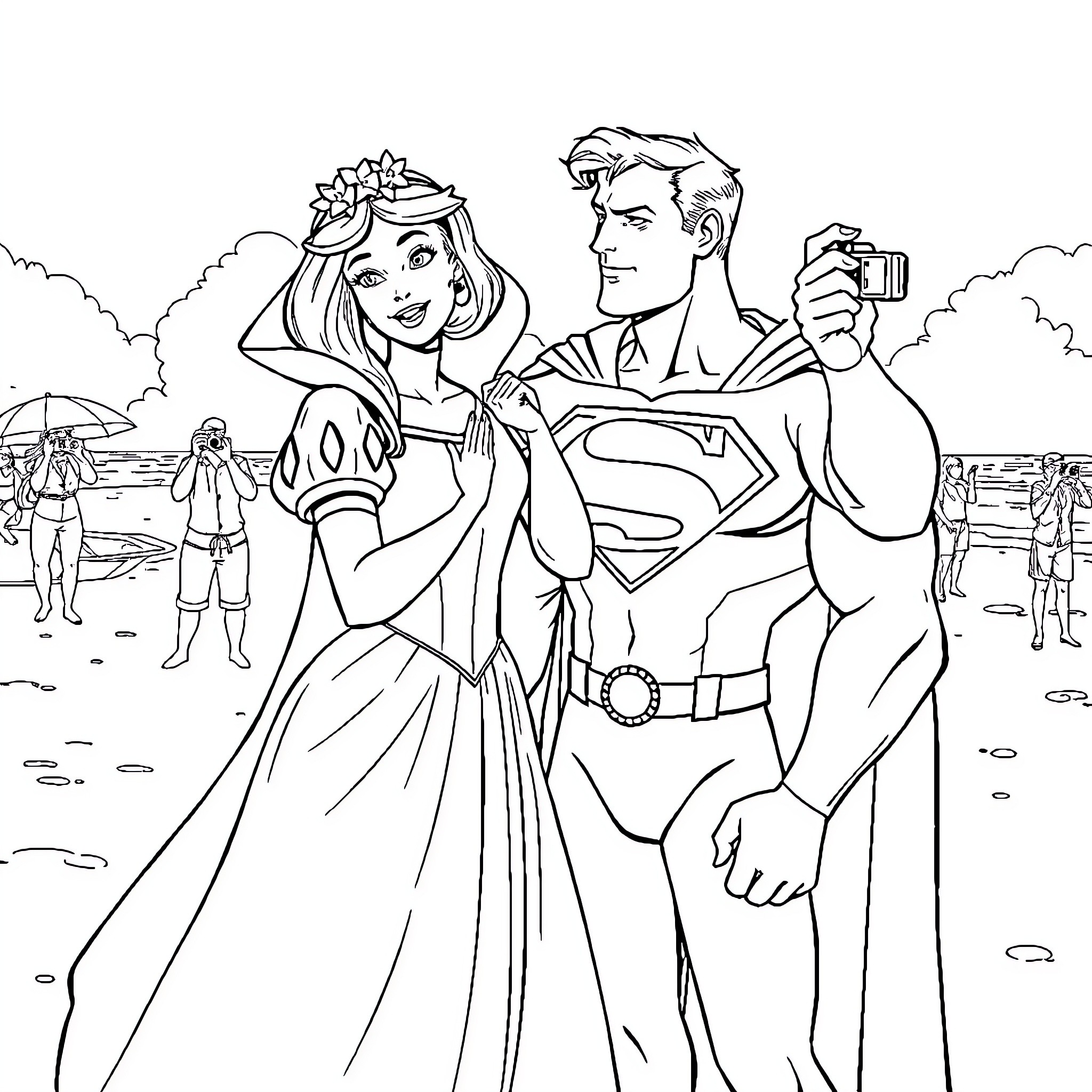 Snow White and Superman in a Loving Moment Coloring Page (free black-and-white line drawing printable PDF for all, from beginners to advanced learners, including children, teens, adults, and seniors)