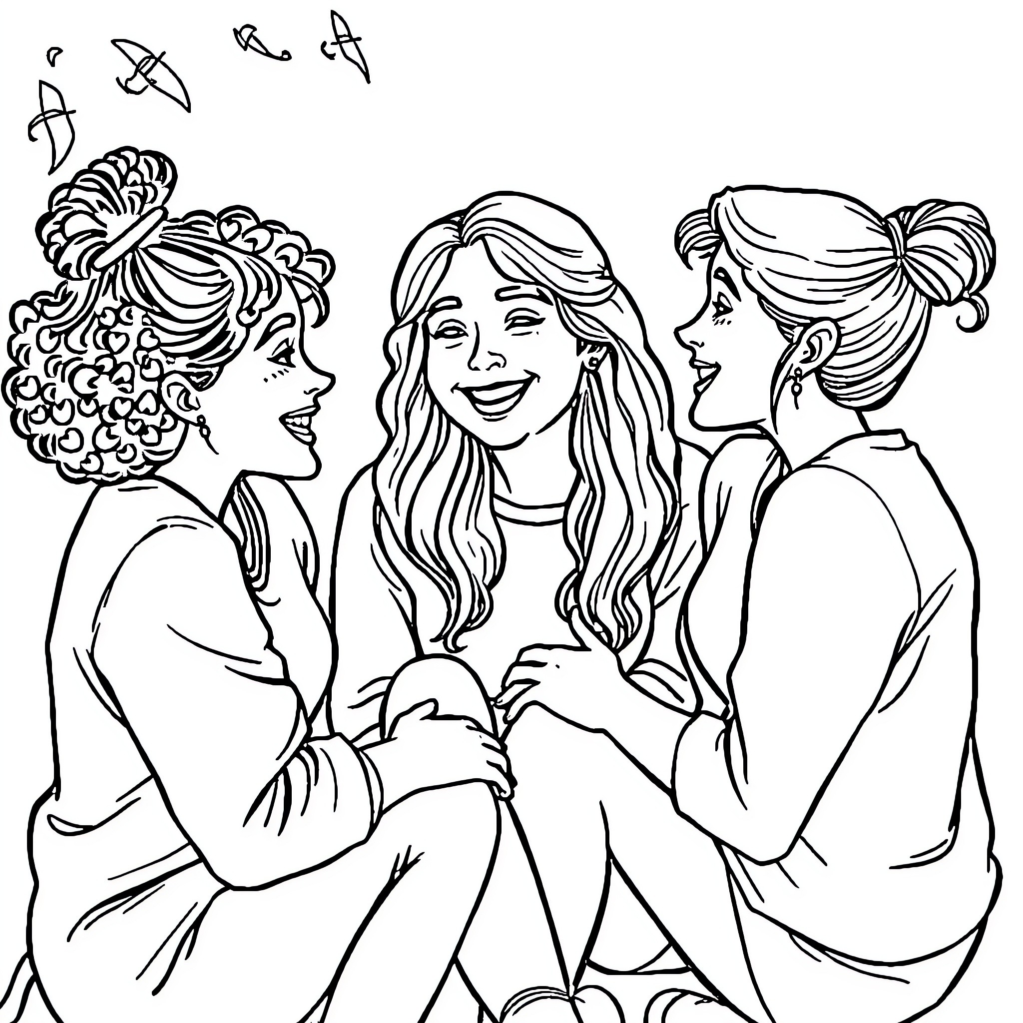 Friends sharing a joyful moment together Coloring Page (free black-and-white line drawing printable PDF for all, from beginners to advanced learners, including children, teens, adults, and seniors)